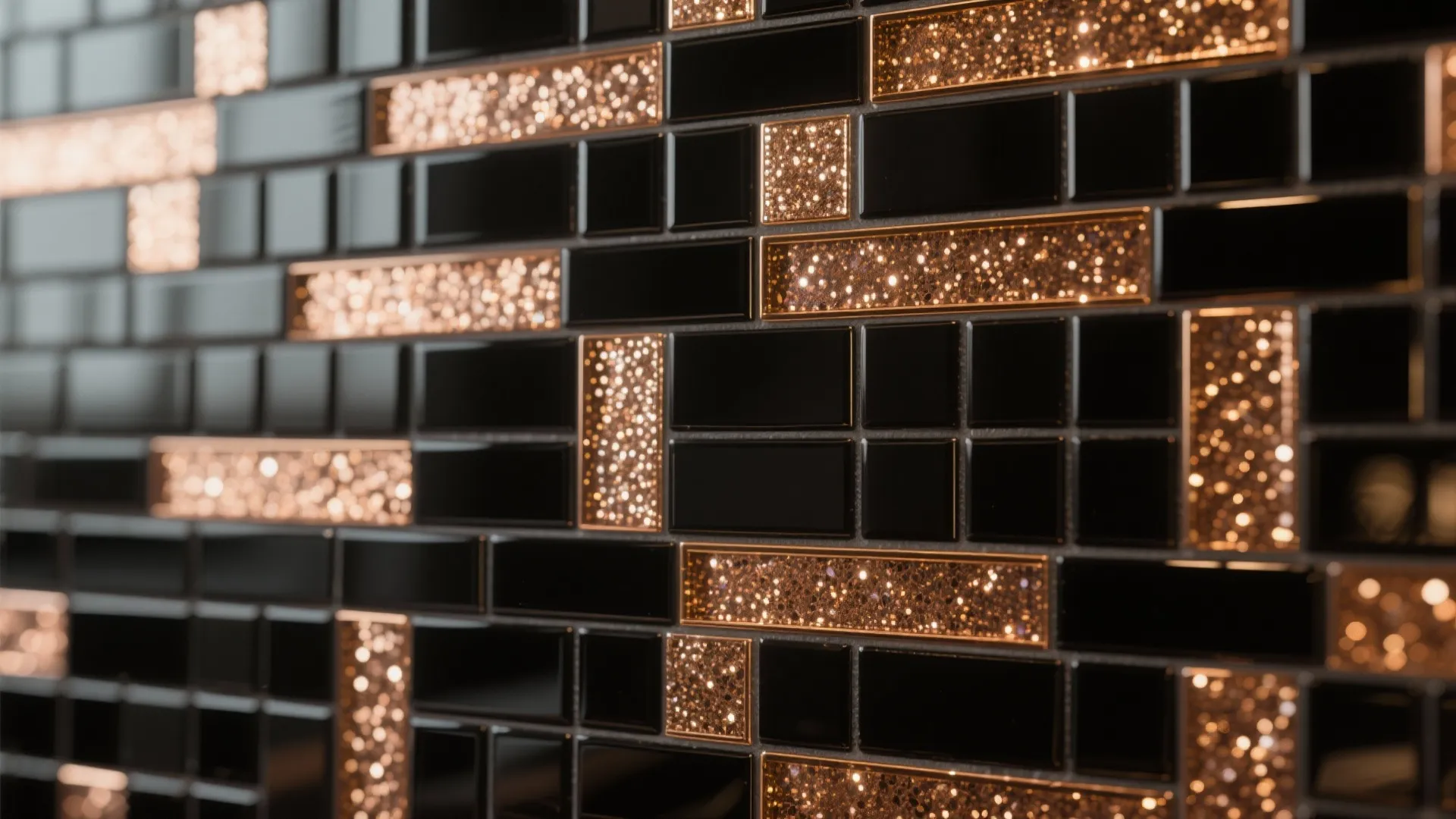 Black glass and metallic mosaic backsplash with brass accents reflecting warm light