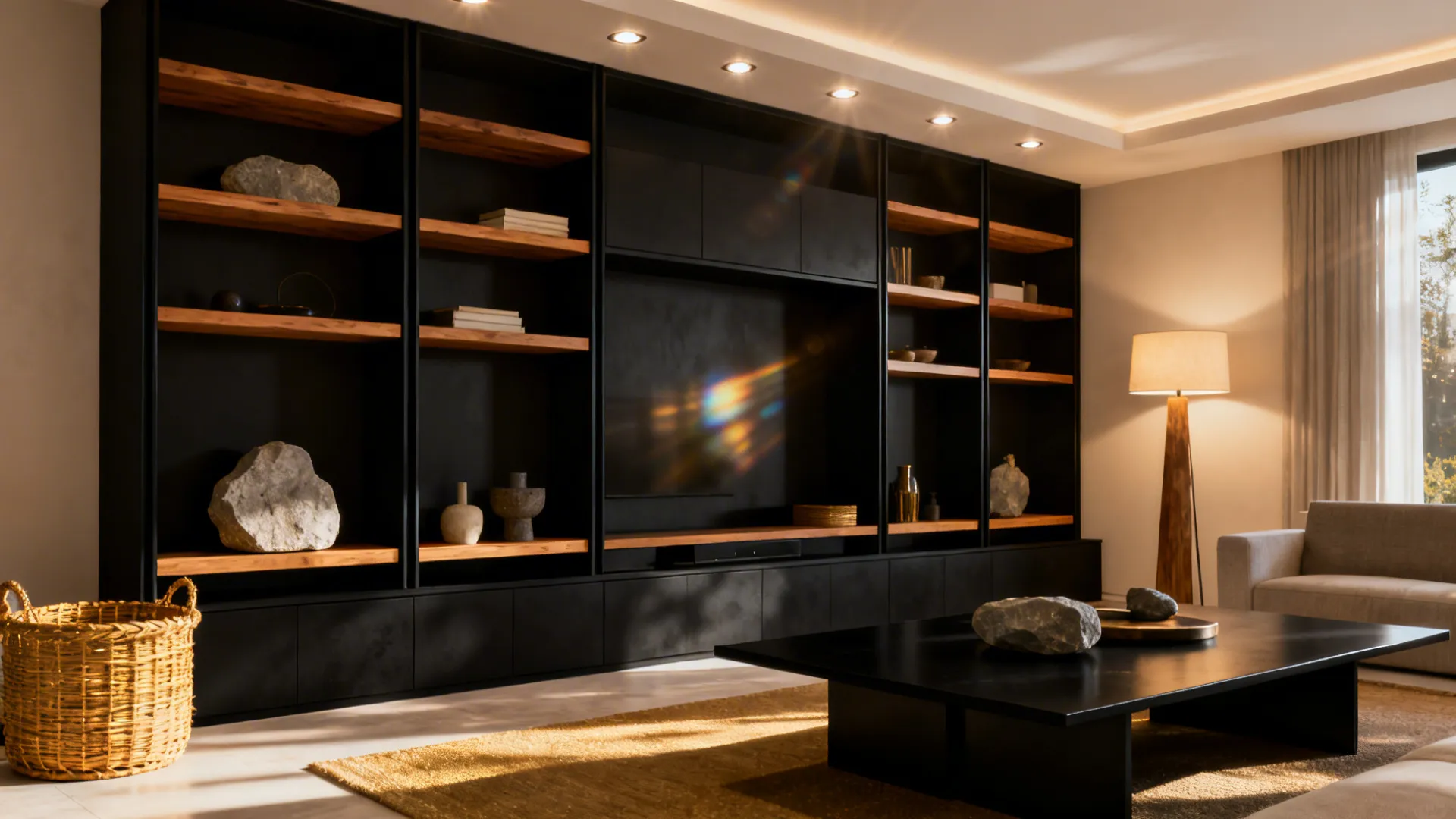 Black furniture paired with oak shelves, rattan baskets and stone decor for a softened look