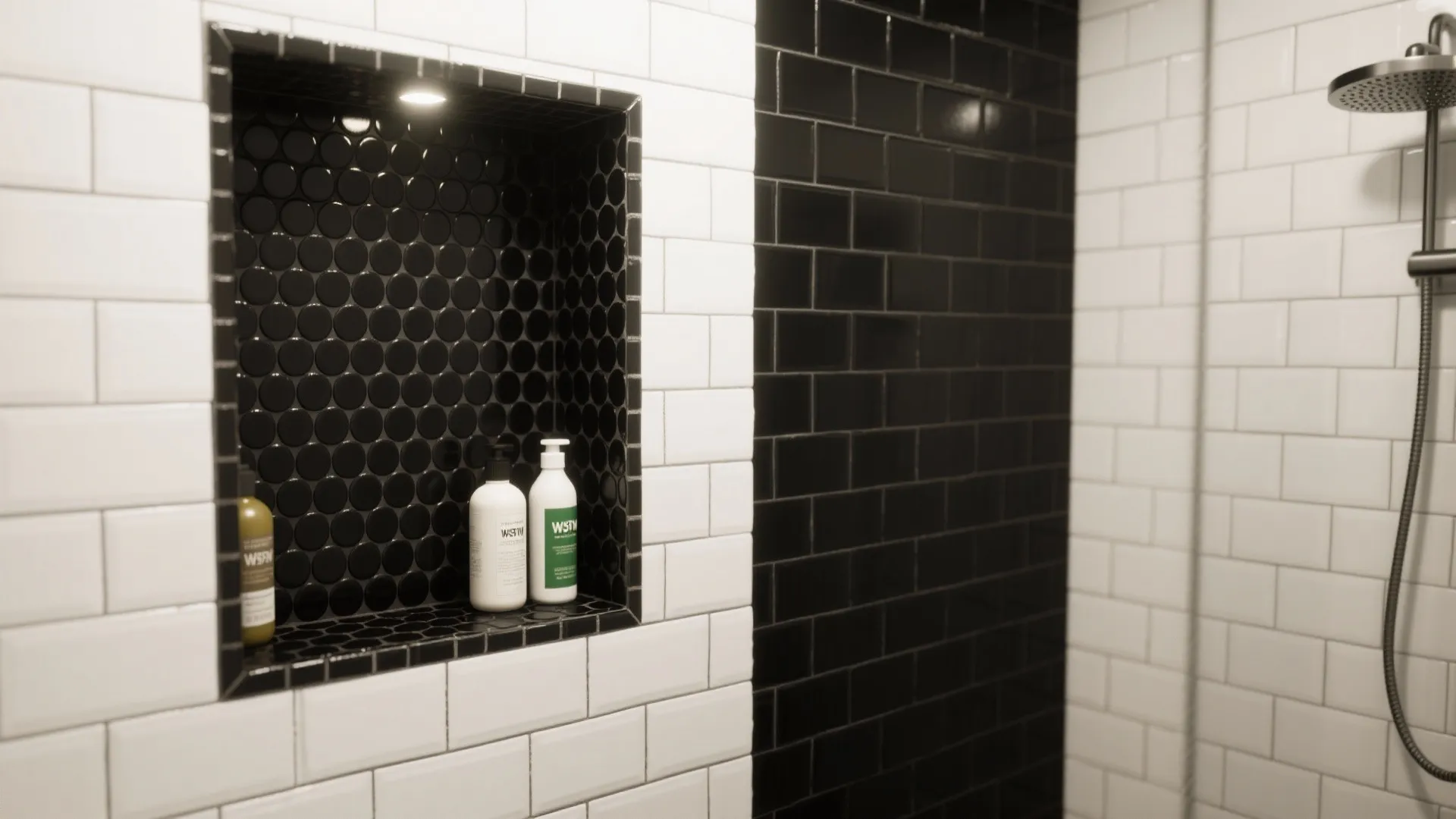 3. Monochrome Tile Shower Niche