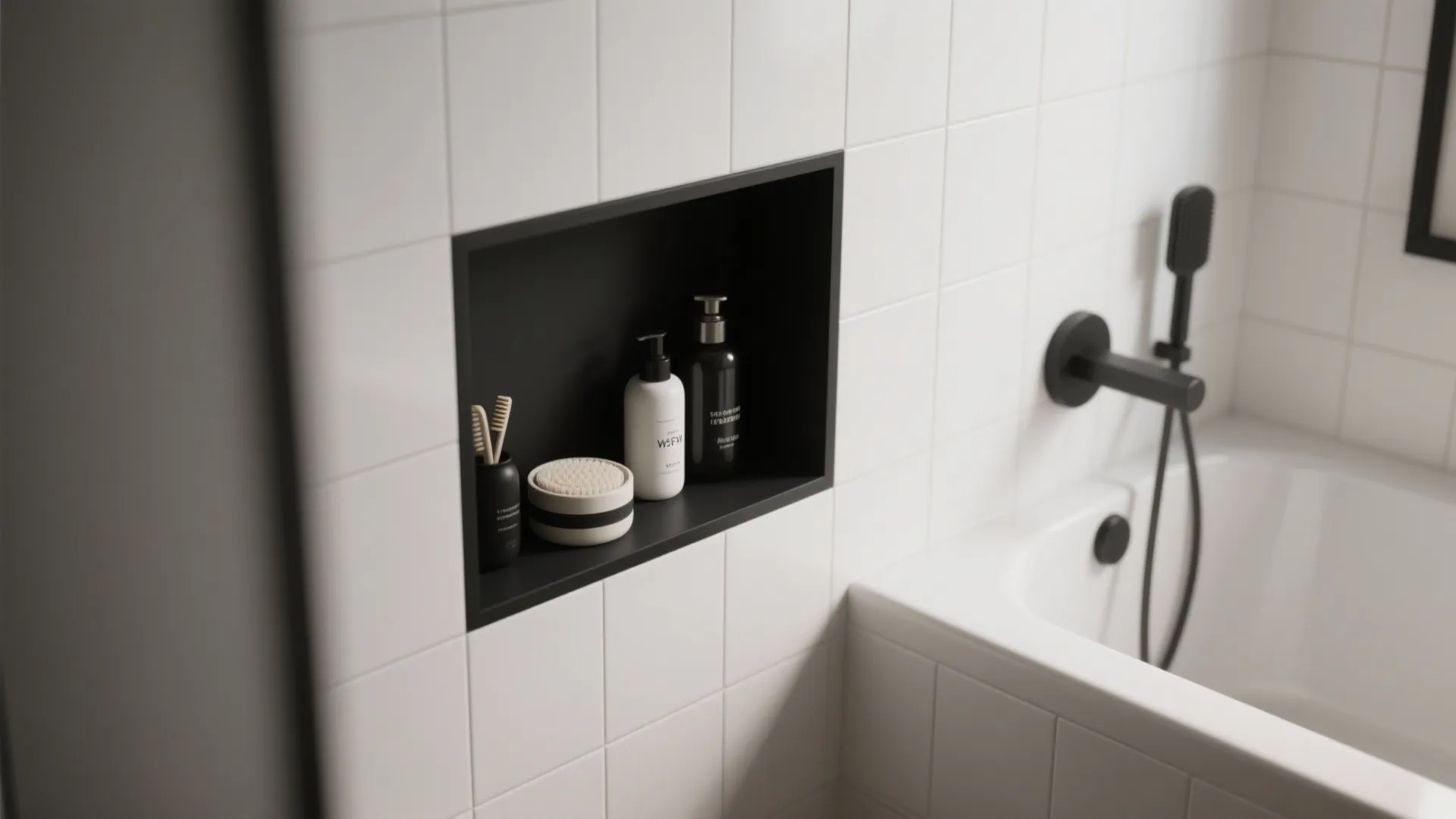 White bathroom wall with black wall shelf holding toiletries next to bathtub with black faucet