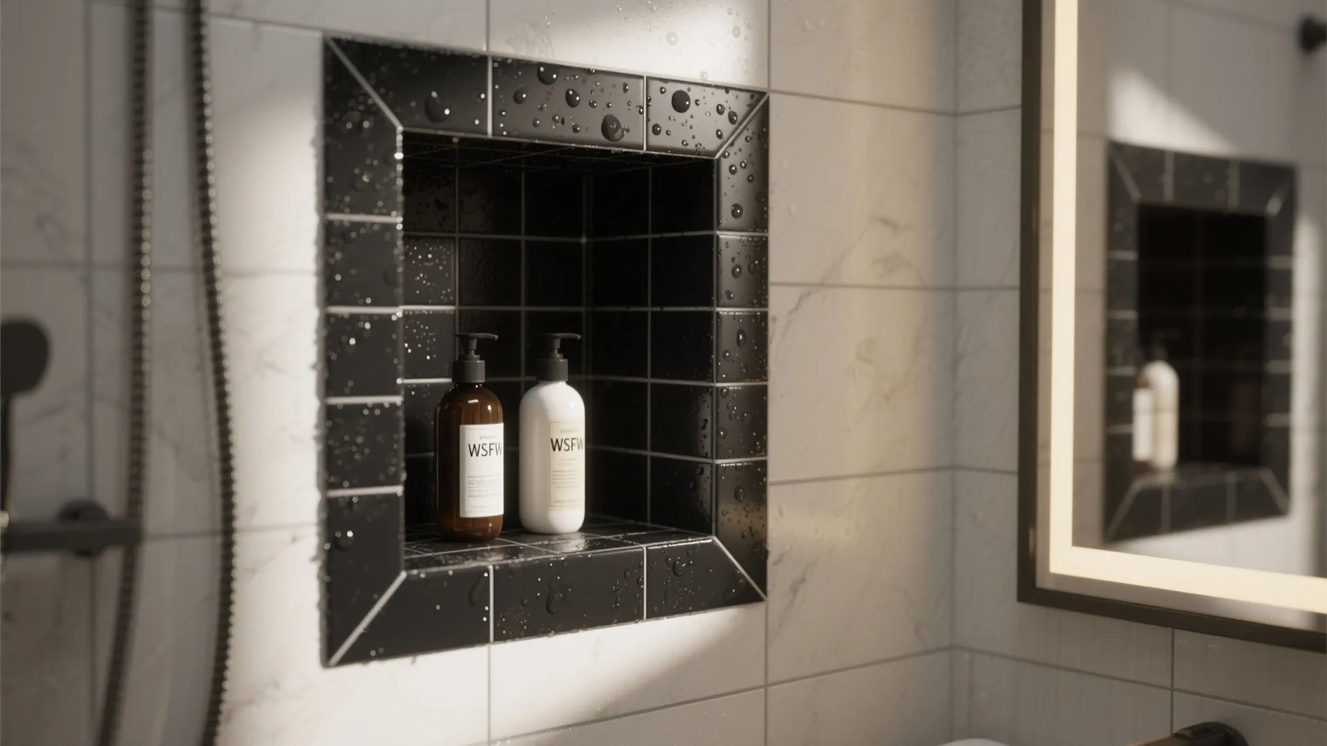 5. Black tile shower niche and trim for seamless detailing