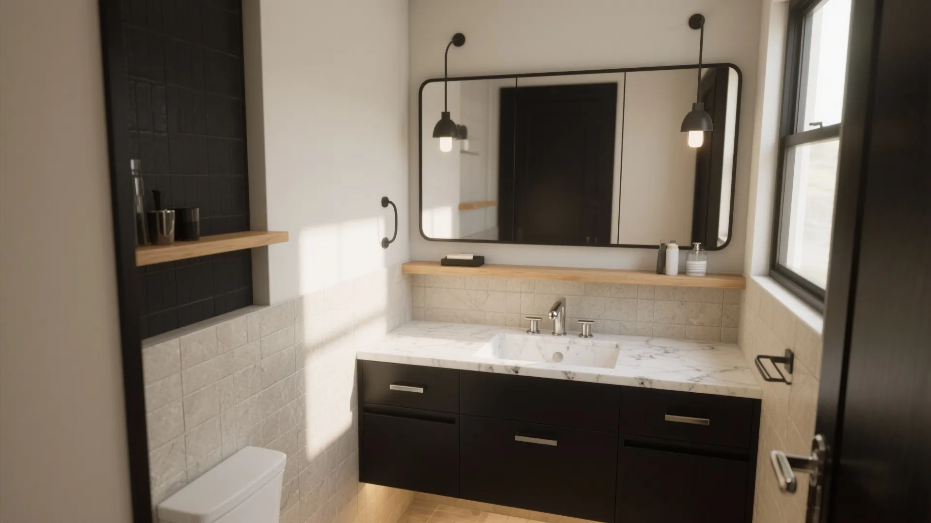 Modern bathroom with black cabinet marble countertop large mirror two wall lights and white toilet