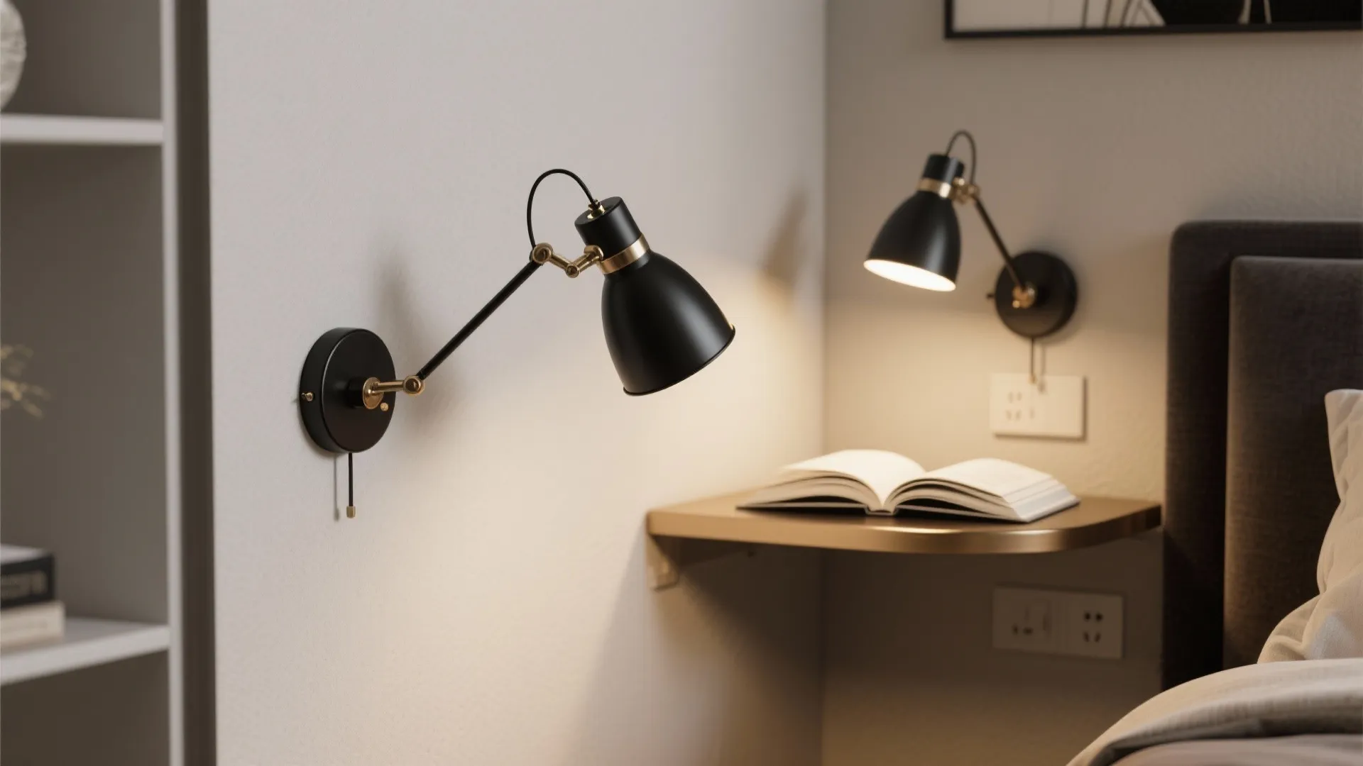 Corner with black nickel swing-arm sconces, one extended for reading and one tucked back