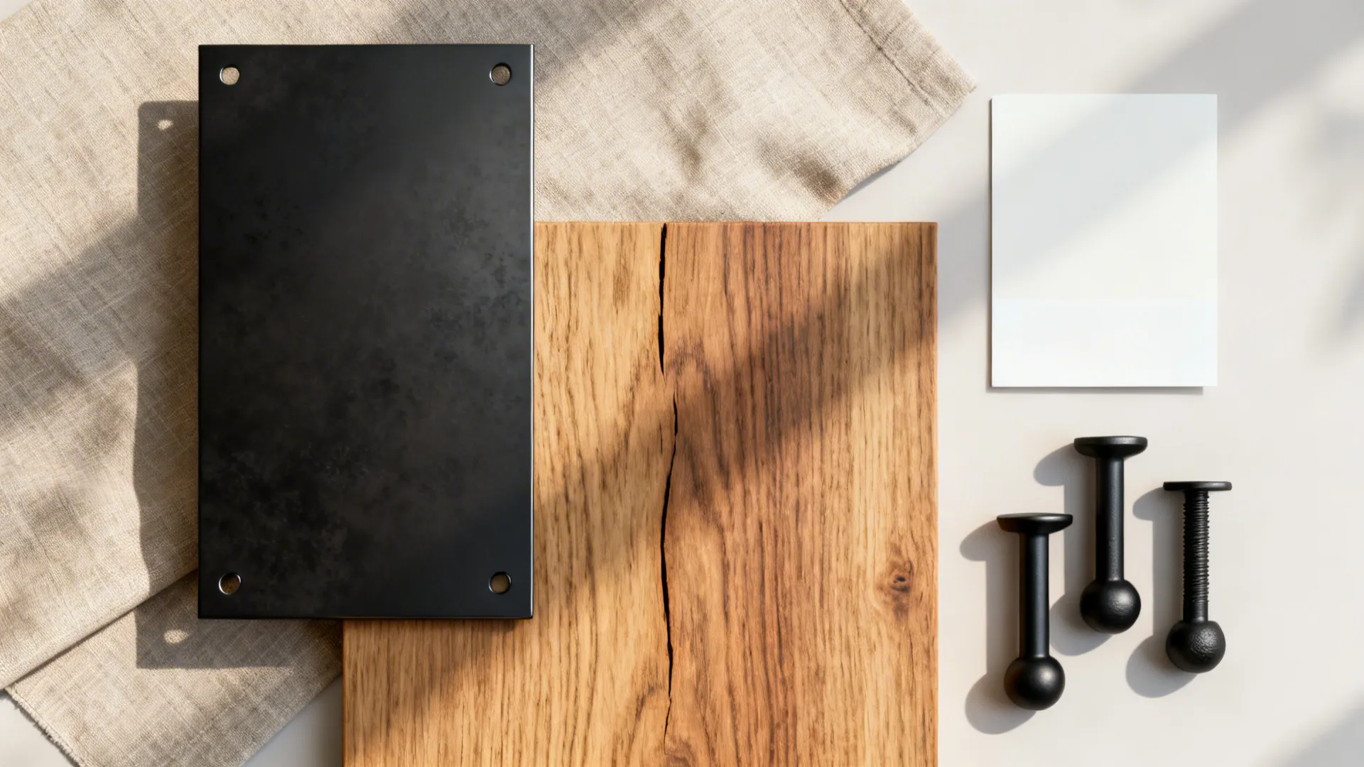 Flat lay of matte black metal, rift-cut oak, linen fabric, warm paint, and hardware.