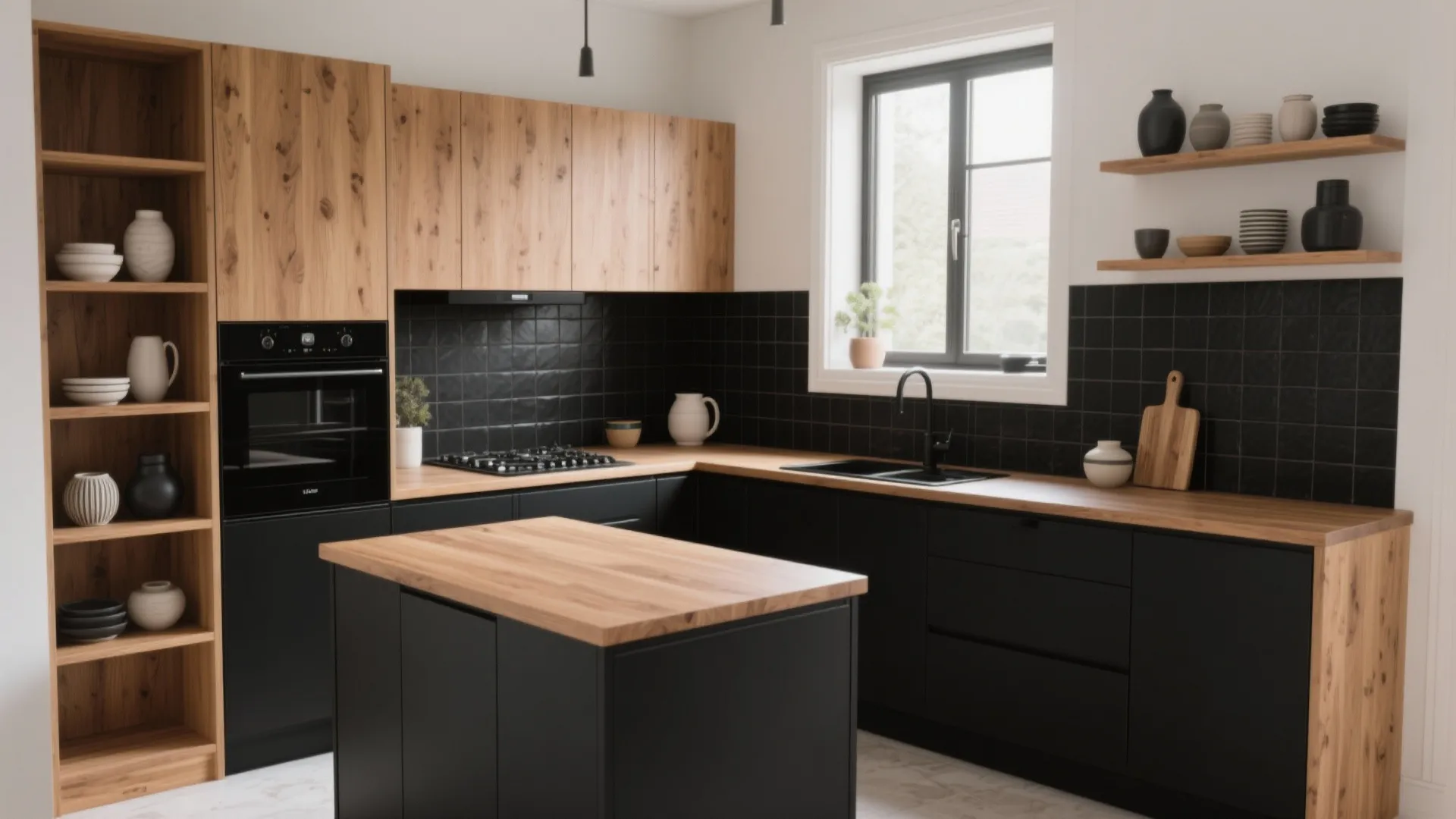 Modern kitchen with black lower cabinets wooden upper cabinets black tile backsplash and a center island