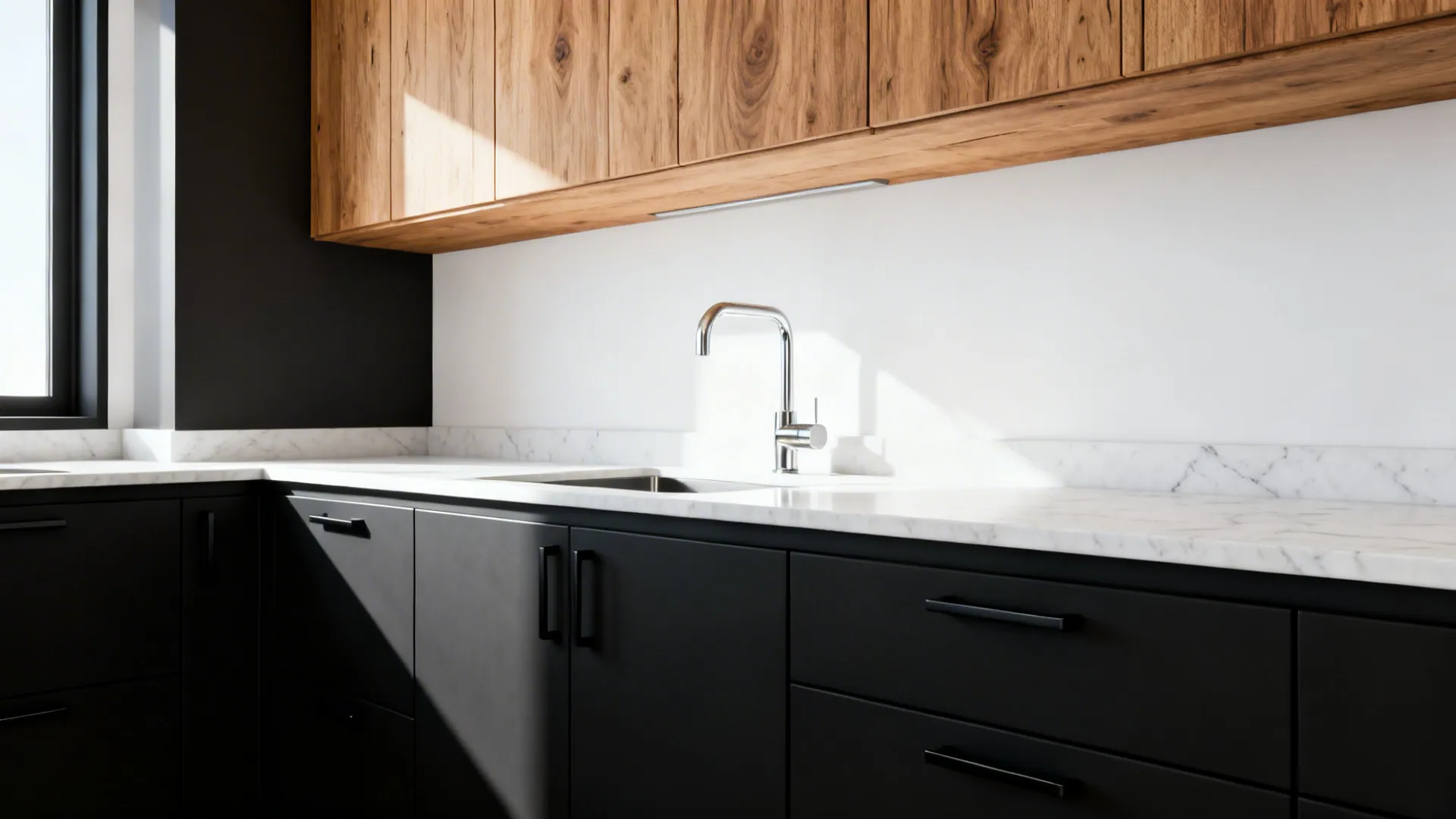 Modern kitchen with black lower cabinets wood upper cabinets white marble countertops and a faucet