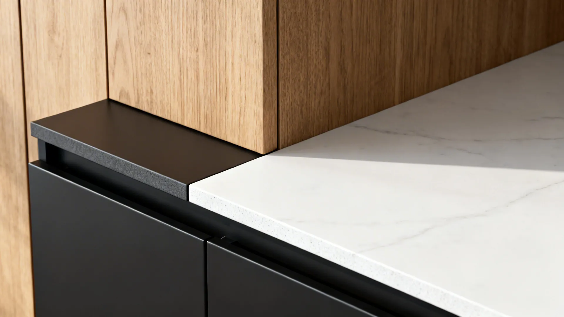 Modern kitchen design showing white stone countertop with black cabinet doors and light wood wall panel