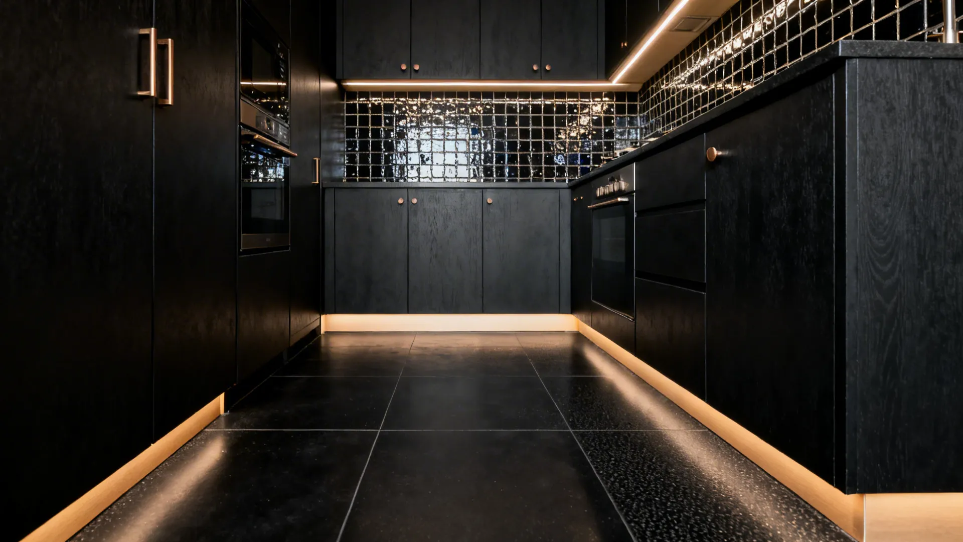 Charcoal cabinets with a matte black floor and a glossy glazed tile backsplash under warm LEDs.