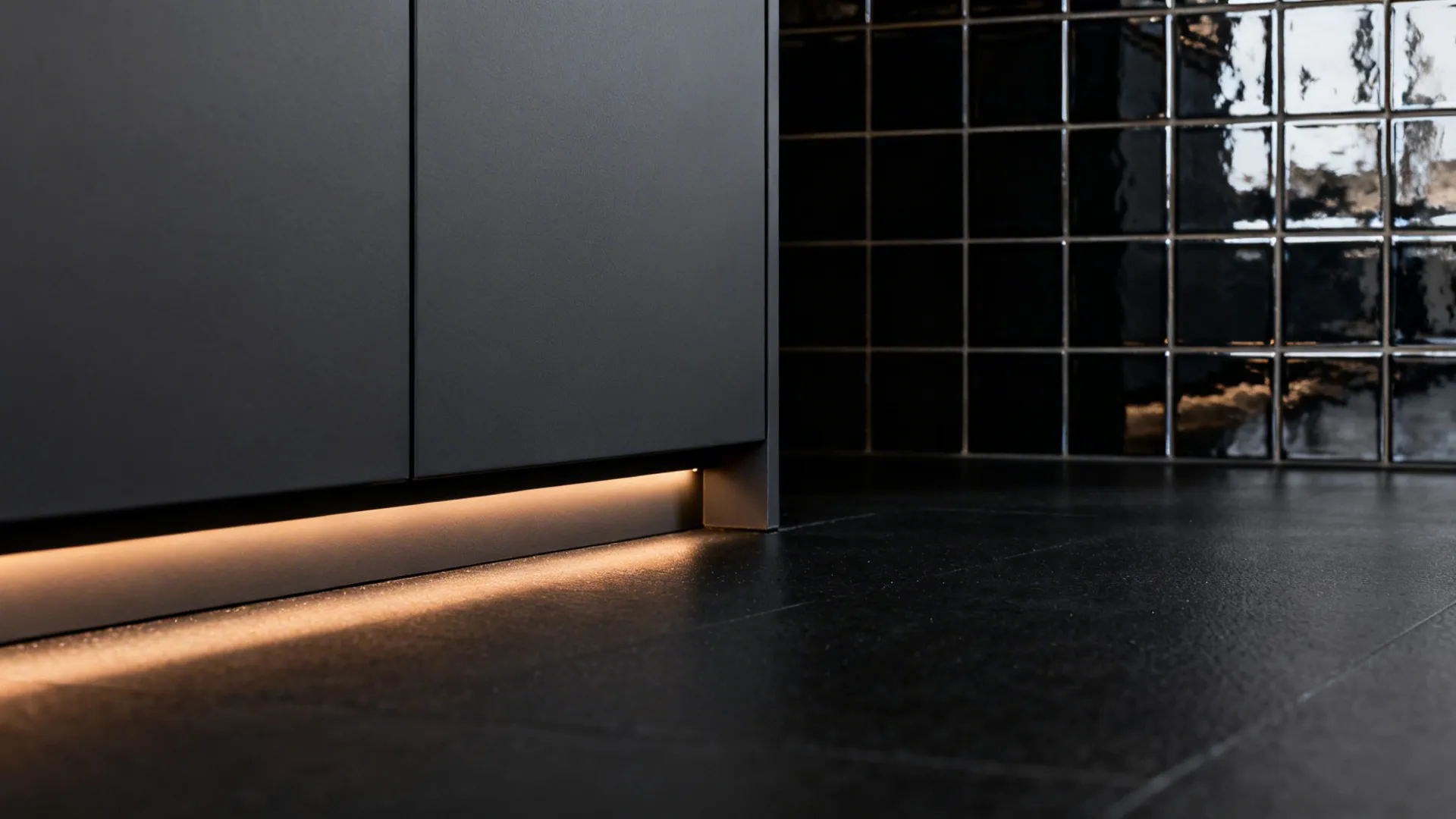 Macro of matte charcoal cabinet, matte black floor, and glossy tile catching warm light.