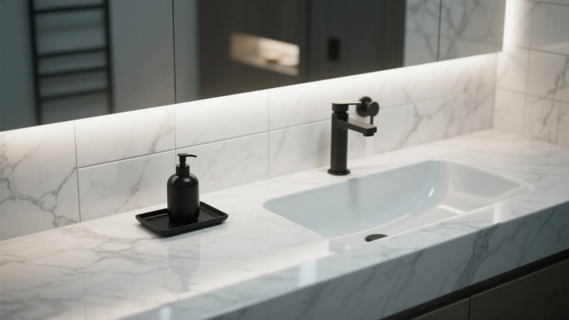 Single matte black soap dispenser and tray against light marble tiles creating high contrast