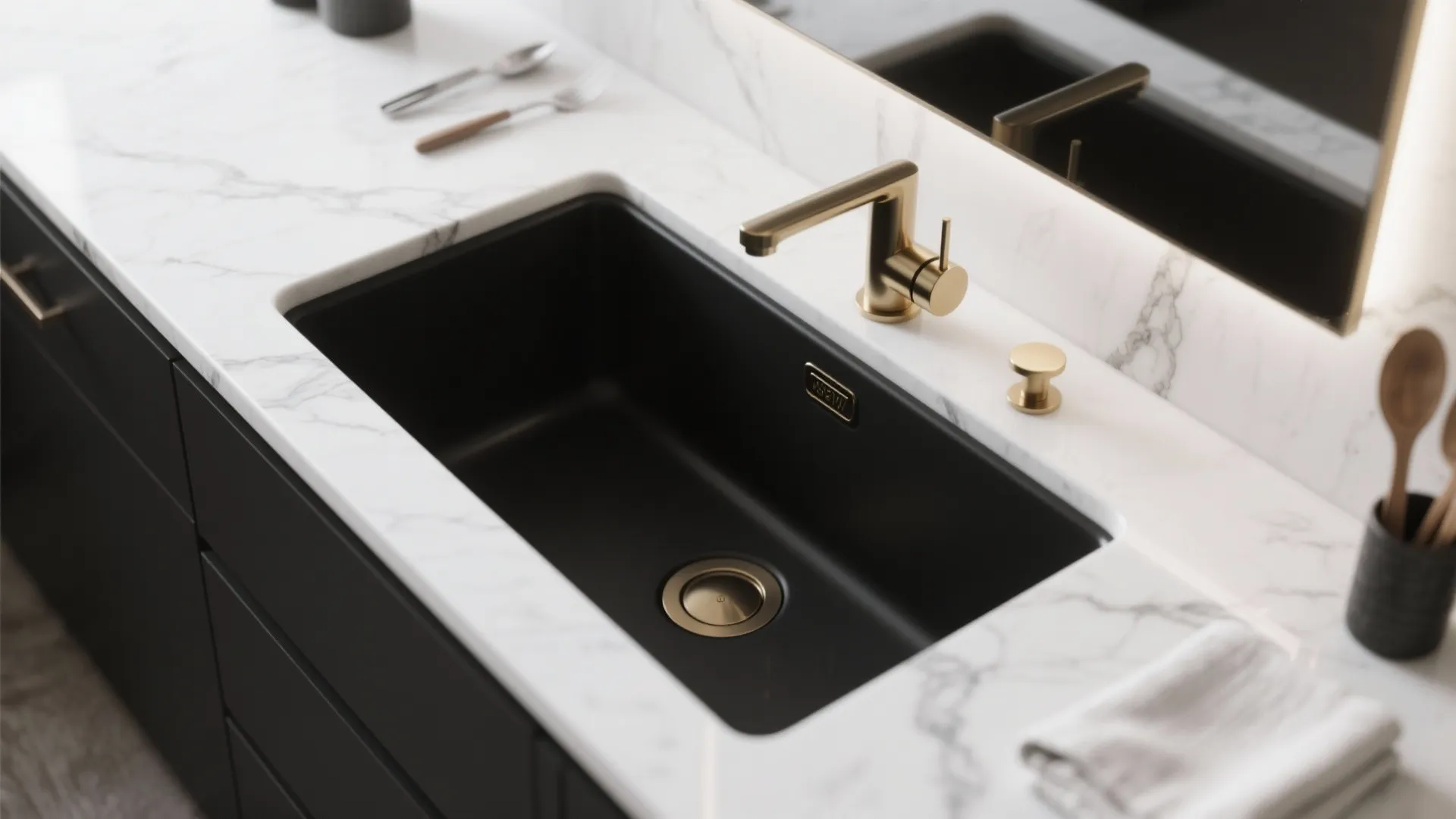 Black kitchen sink with gold water tap on white marble surface and black cabinet storage