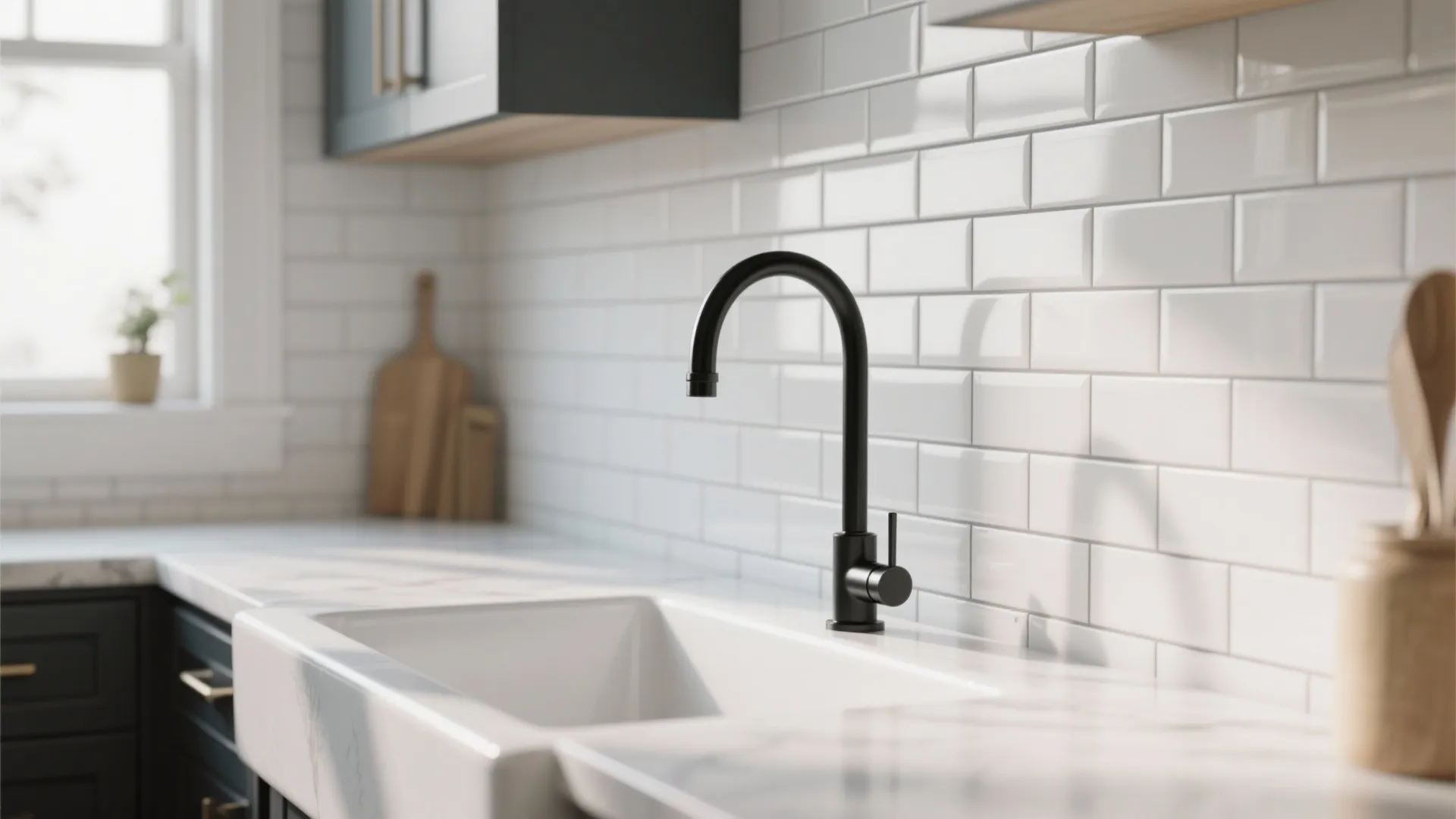 Black kitchen faucet above white farmhouse sink with subway tile backsplash and dark grey cabinets