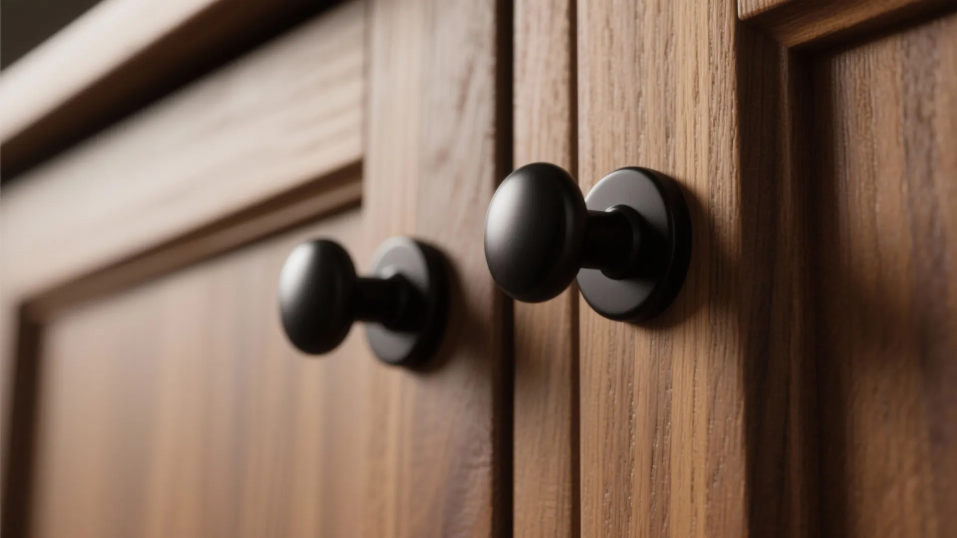 Close up of two matte black round knobs on a light wood kitchen cabinet door