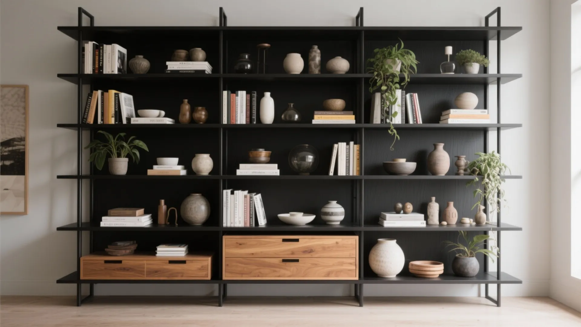 Black open shelving styled with books, ceramics, plants and warm wood accents for organized contrast.