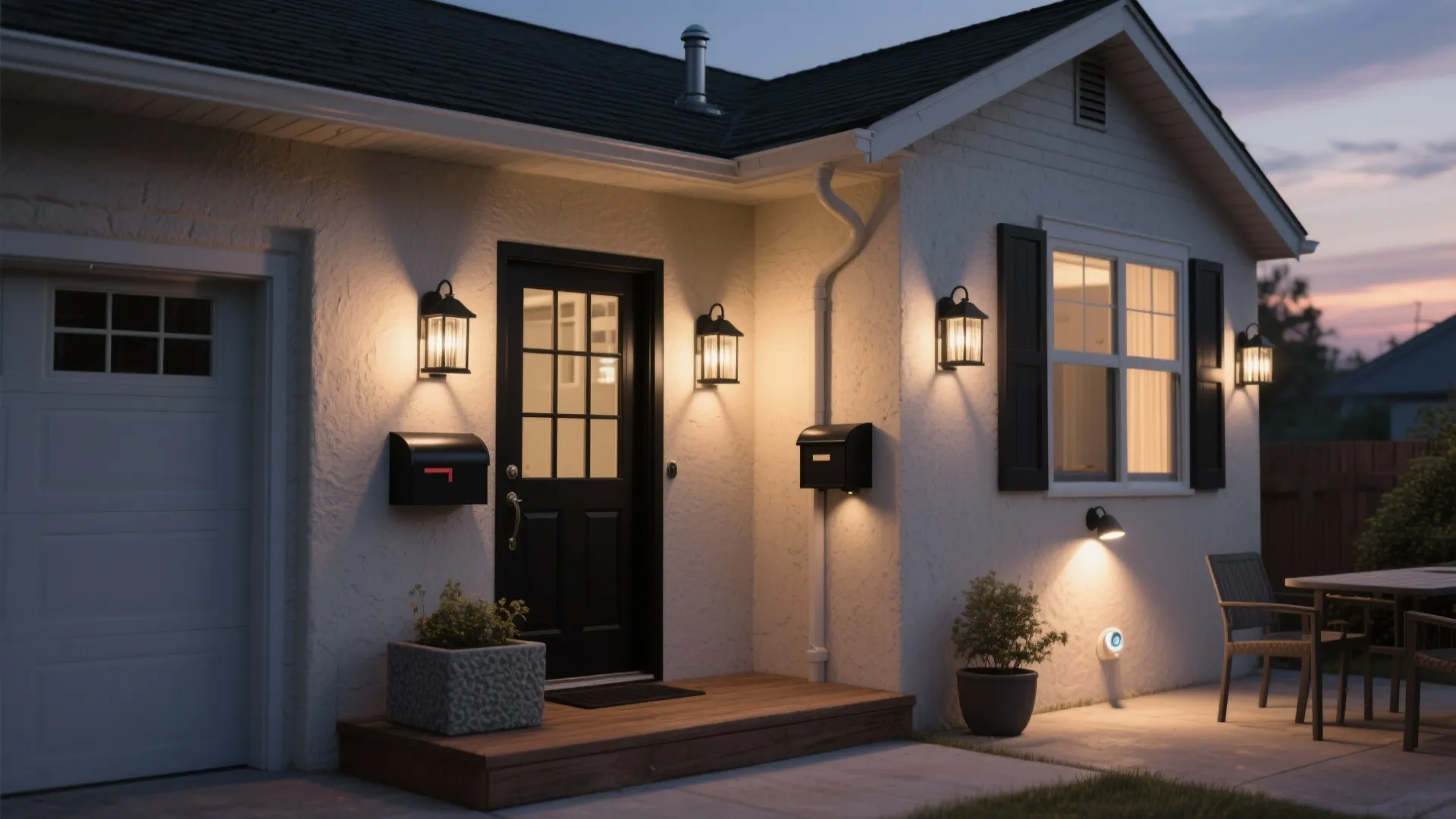 Exterior of house with black front door and classic wall light fixtures glowing during evening dusk