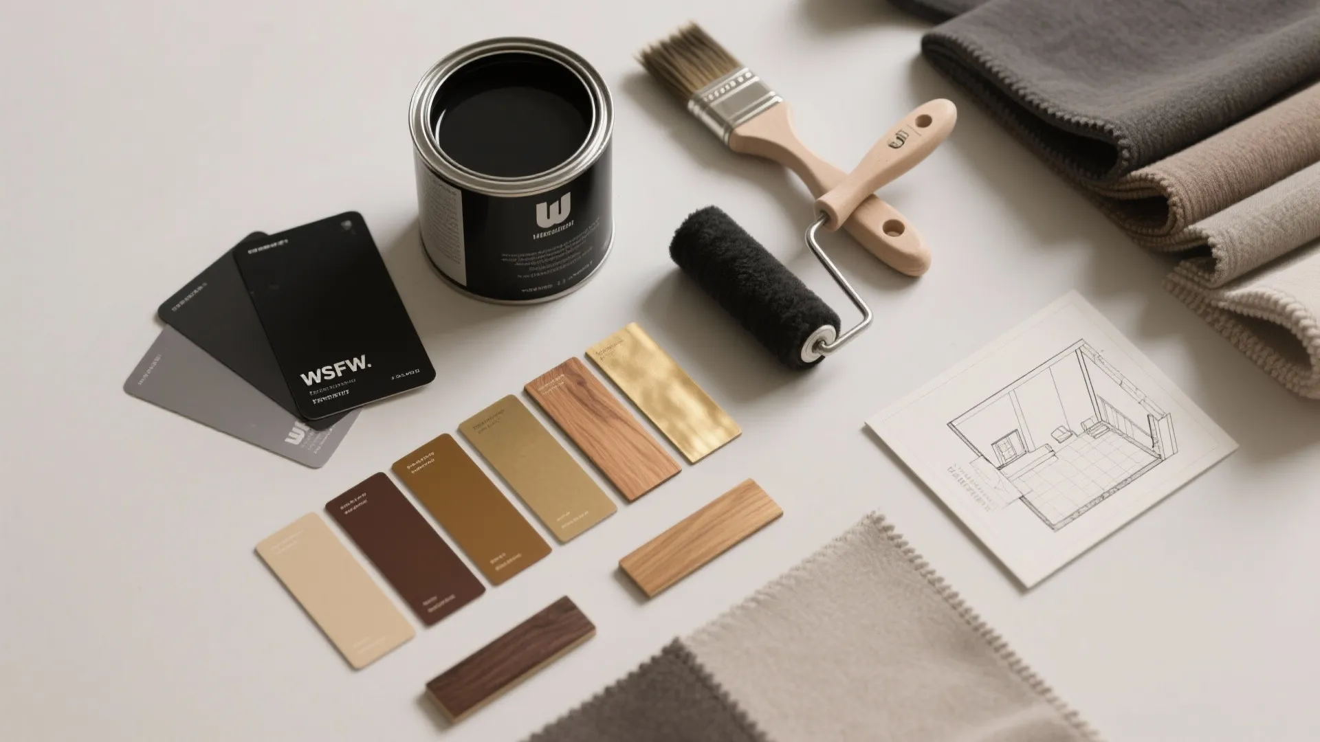 Interior design mood board with black paint wood samples fabric swatches brushes and a room drawing
