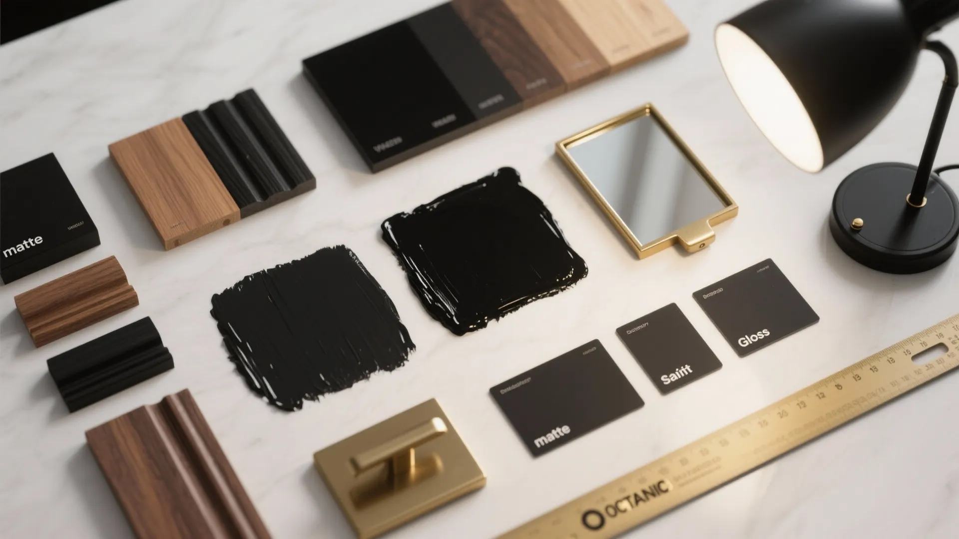 Black paint samples on desk with wood panels gold handle ruler and black desk light fixture