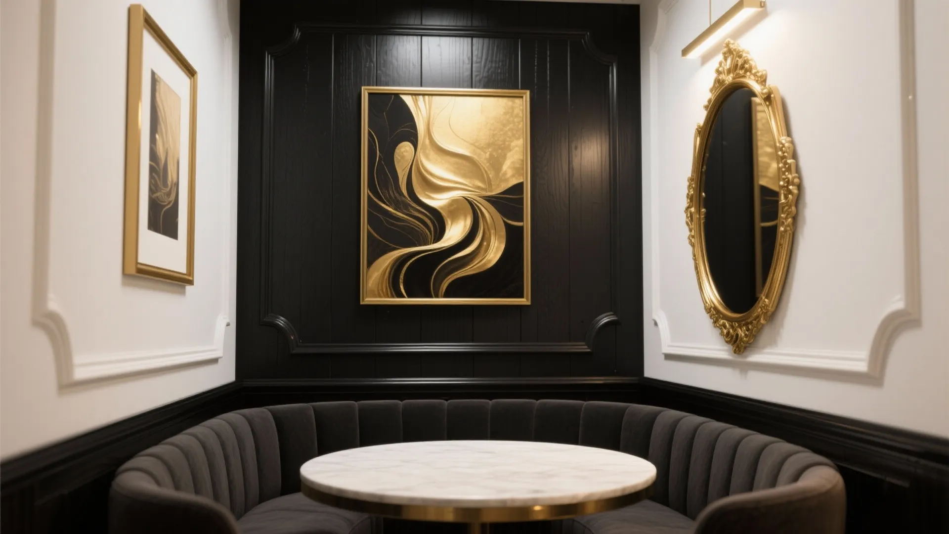 Luxury dining nook with black wall panel gold framed art marble table and grey curved sofa