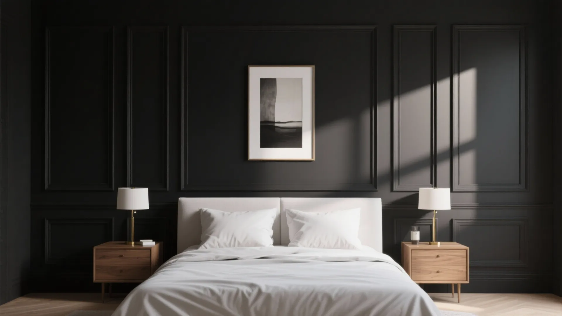 Minimalist bedroom with black wall panel white bed wooden bedside tables table lamps and art