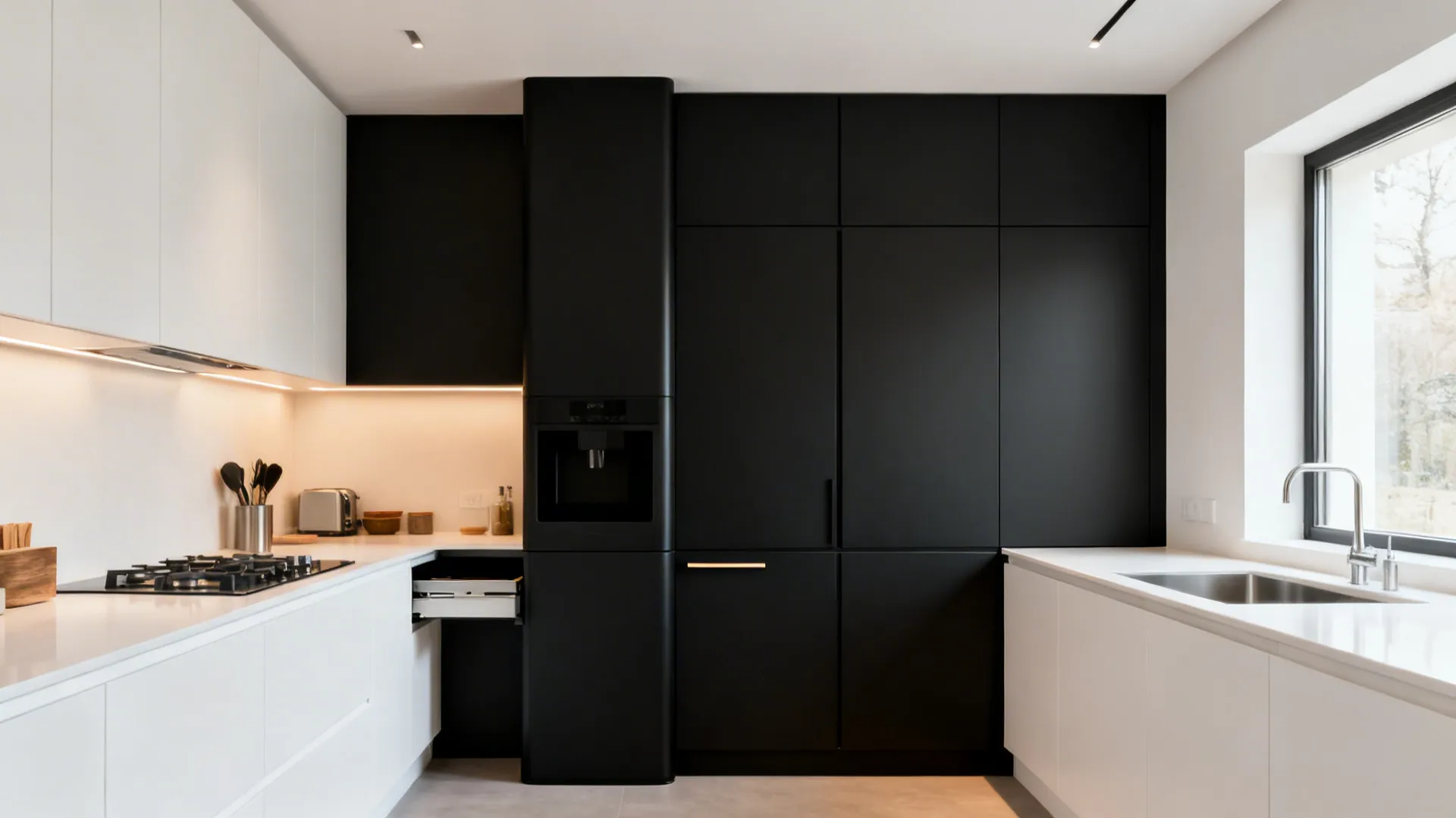 Small kitchen with a tall matte black pantry wall and bright white perimeter cabinets.