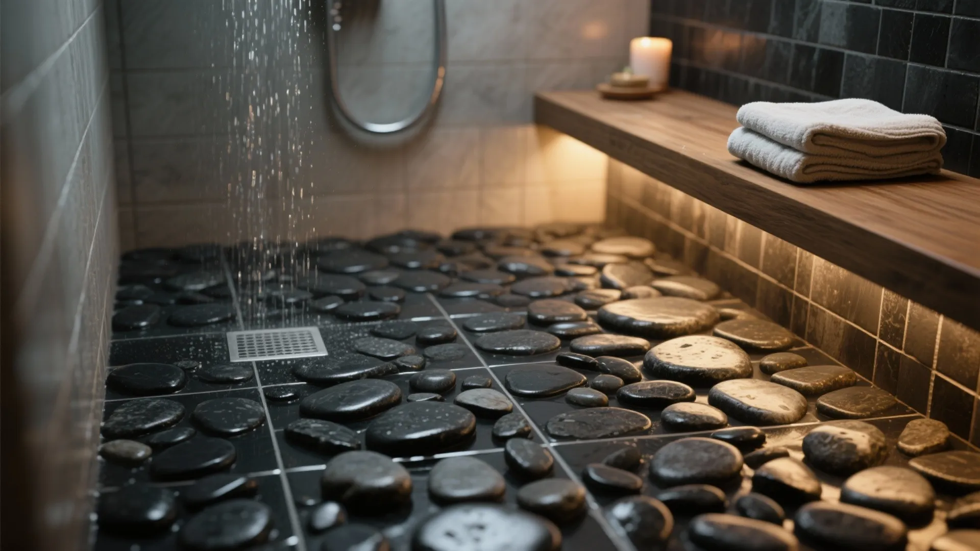 5. Black pebble or river-rock floors for spa vibes