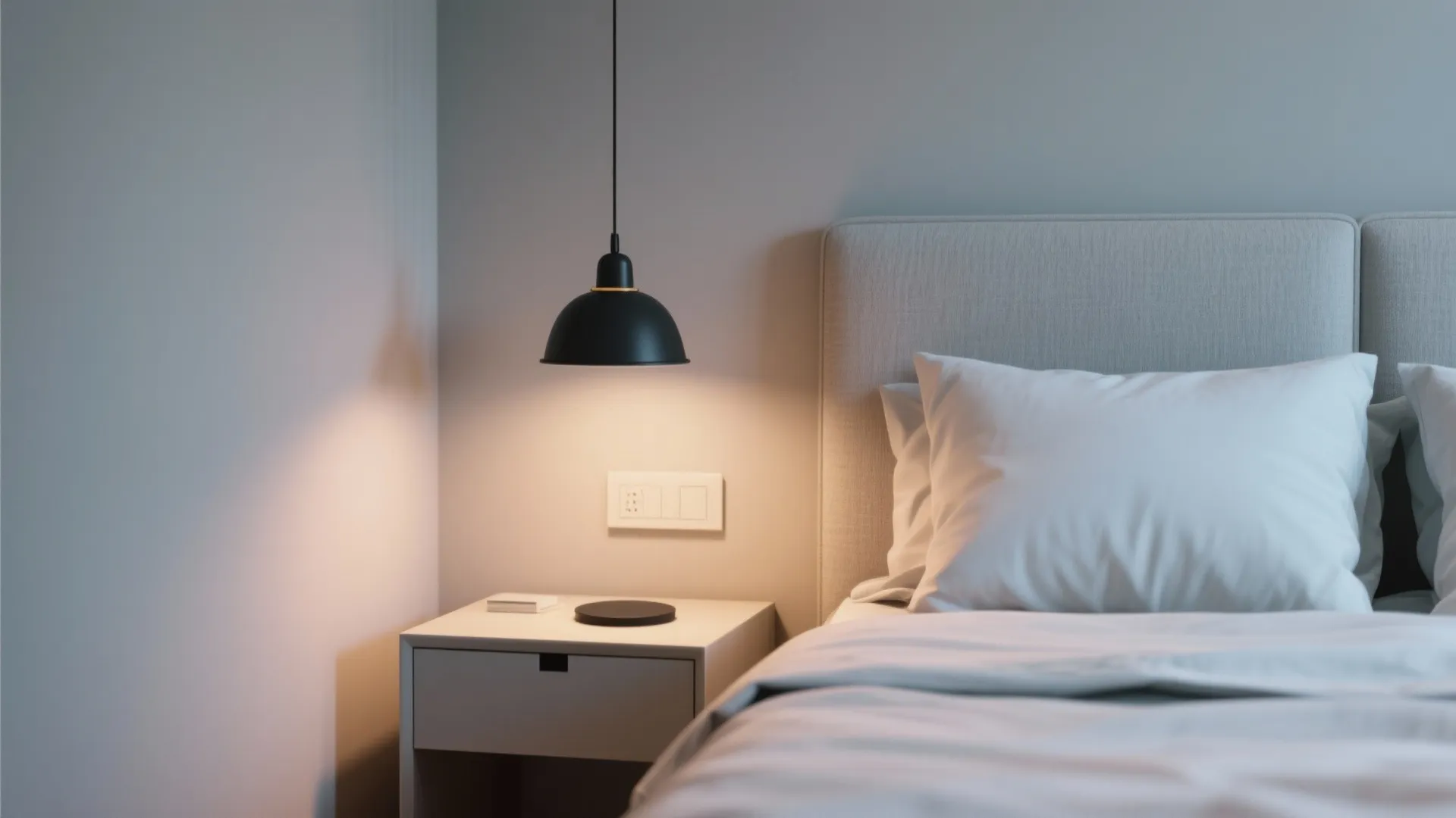 Minimalist bedroom with black ceiling light hanging over white bedside table near grey fabric bed