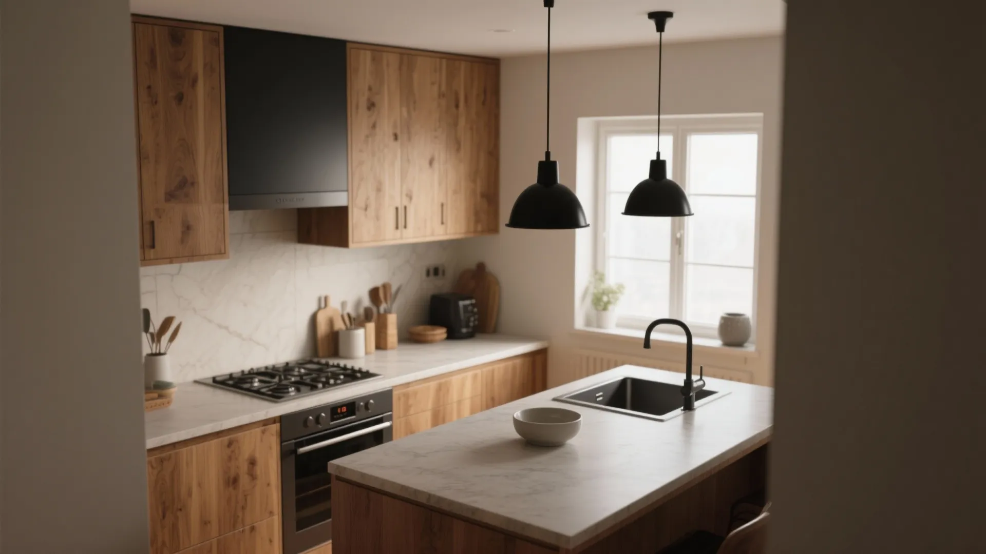Wooden kitchen cabinets with marble island featuring black faucet and two black ceiling lights window