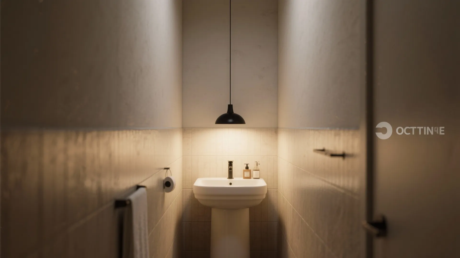 3. Matte black pendant for vertical interest in tall, narrow baths