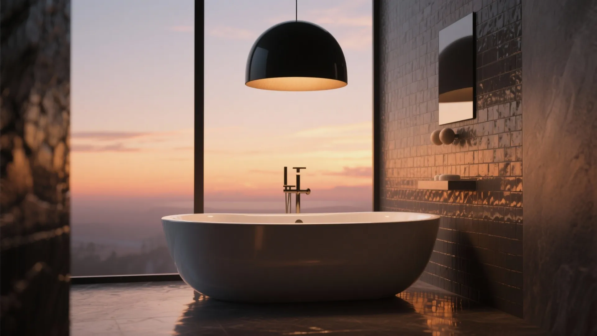 4. Statement black pendant over freestanding tub