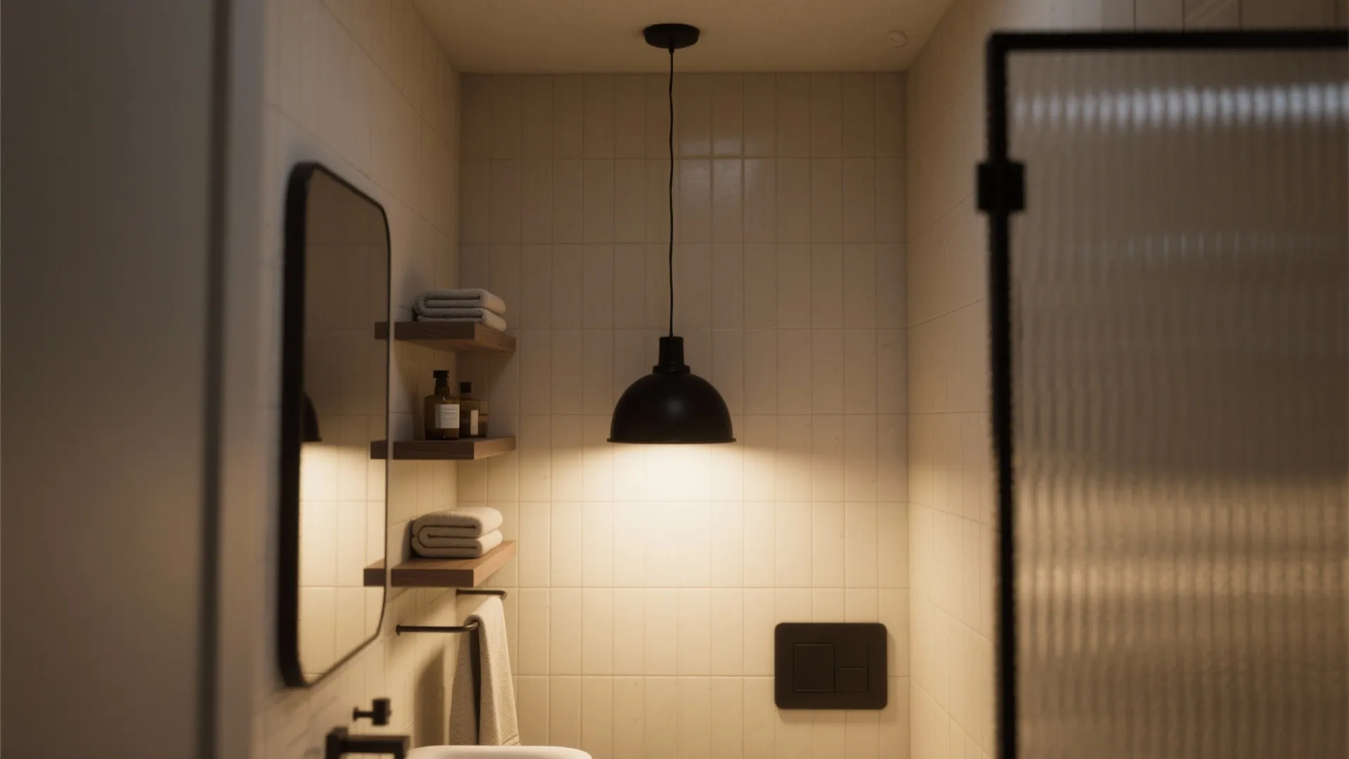 Bathroom interior with black hanging ceiling light wooden shelves white tiles and large wall mirror
