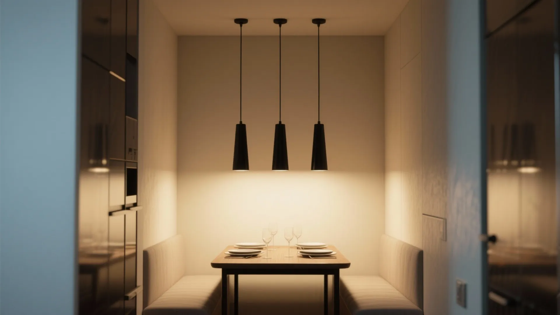 Three black pendant lights in a narrow dining nook creating rhythm and vertical focus.