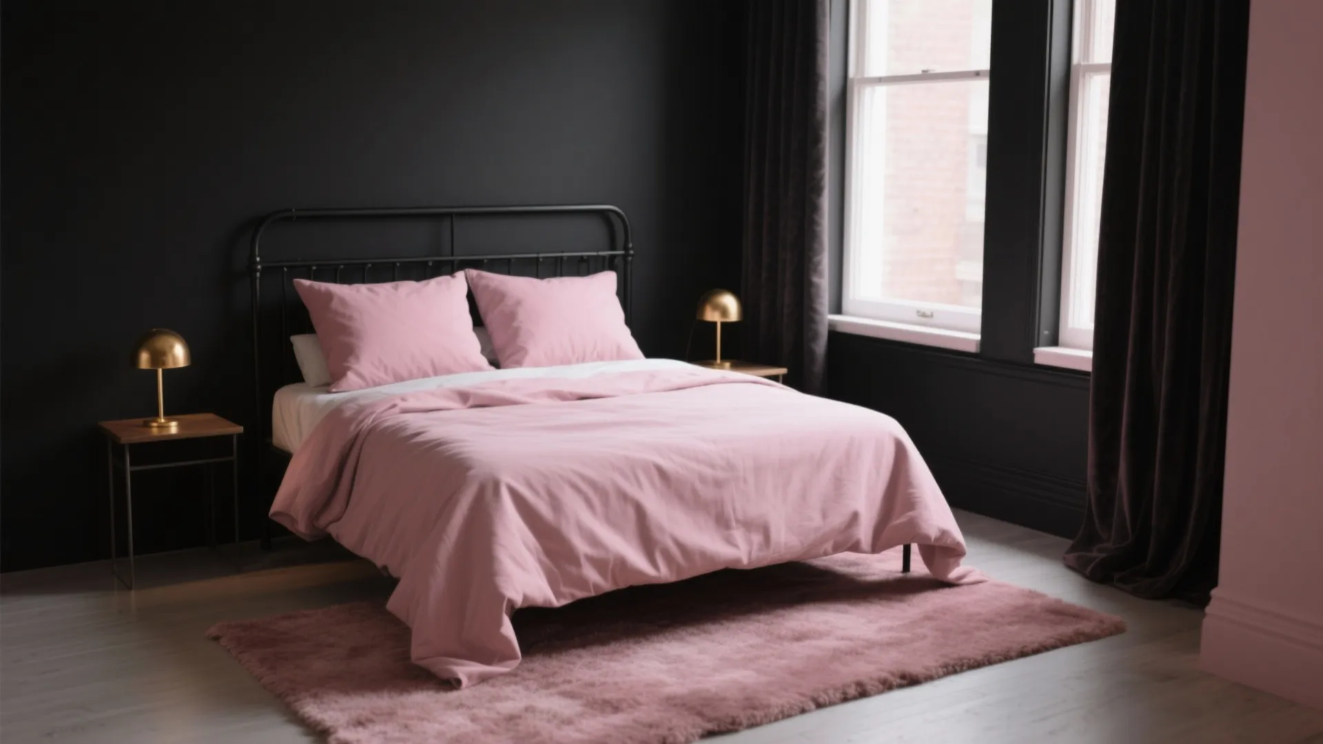 Modern bedroom with black walls pink bedding metal bed frame gold lamps and pink rug