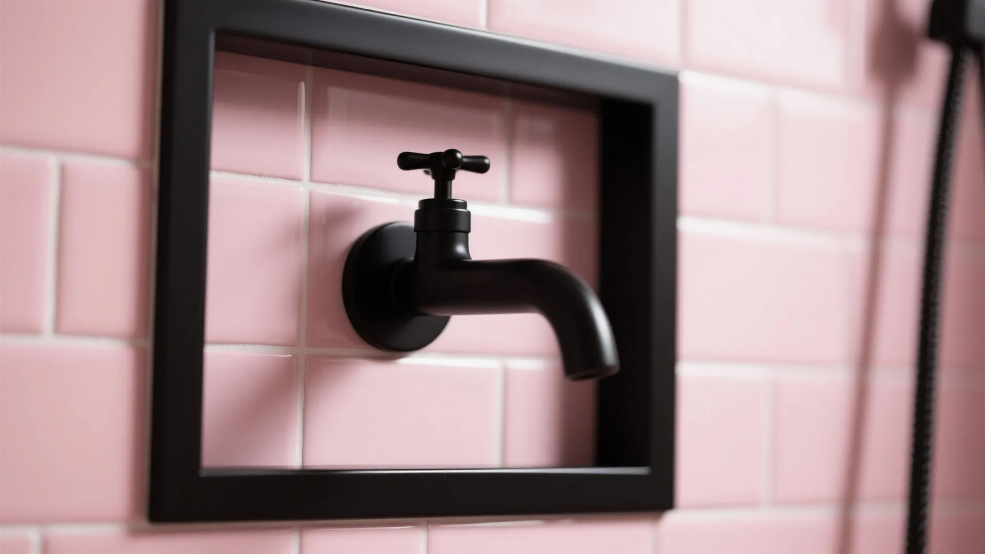 2. Black Fixtures Against Soft Pink Tiles