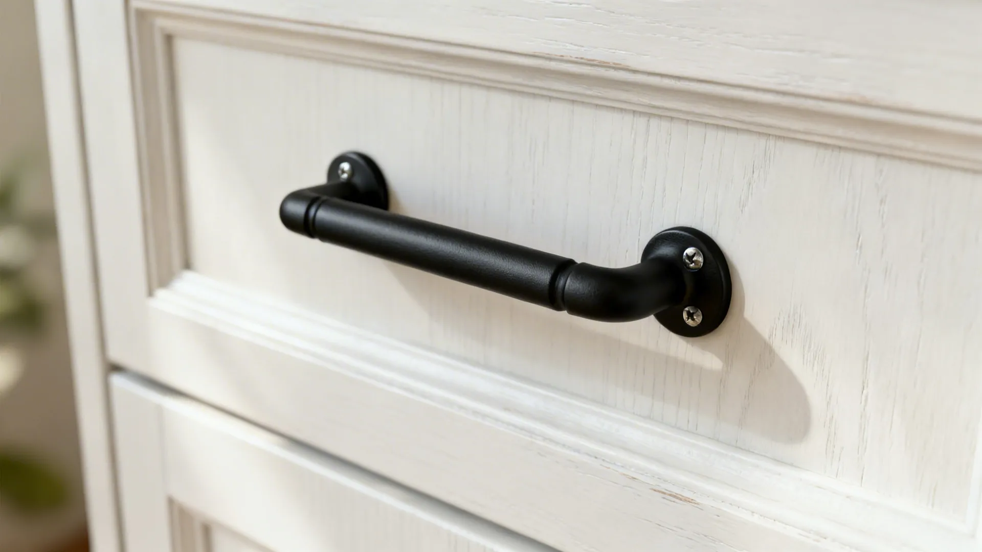 Macro view of a matte black bin pull on a white shaker drawer front.