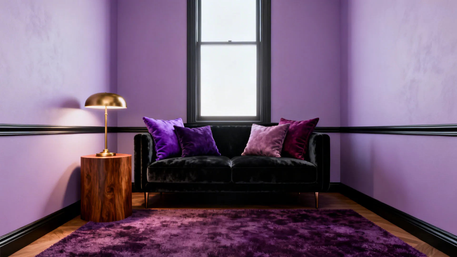 Purple living room with black sofa purple pillows gold table lamp wooden side table rug