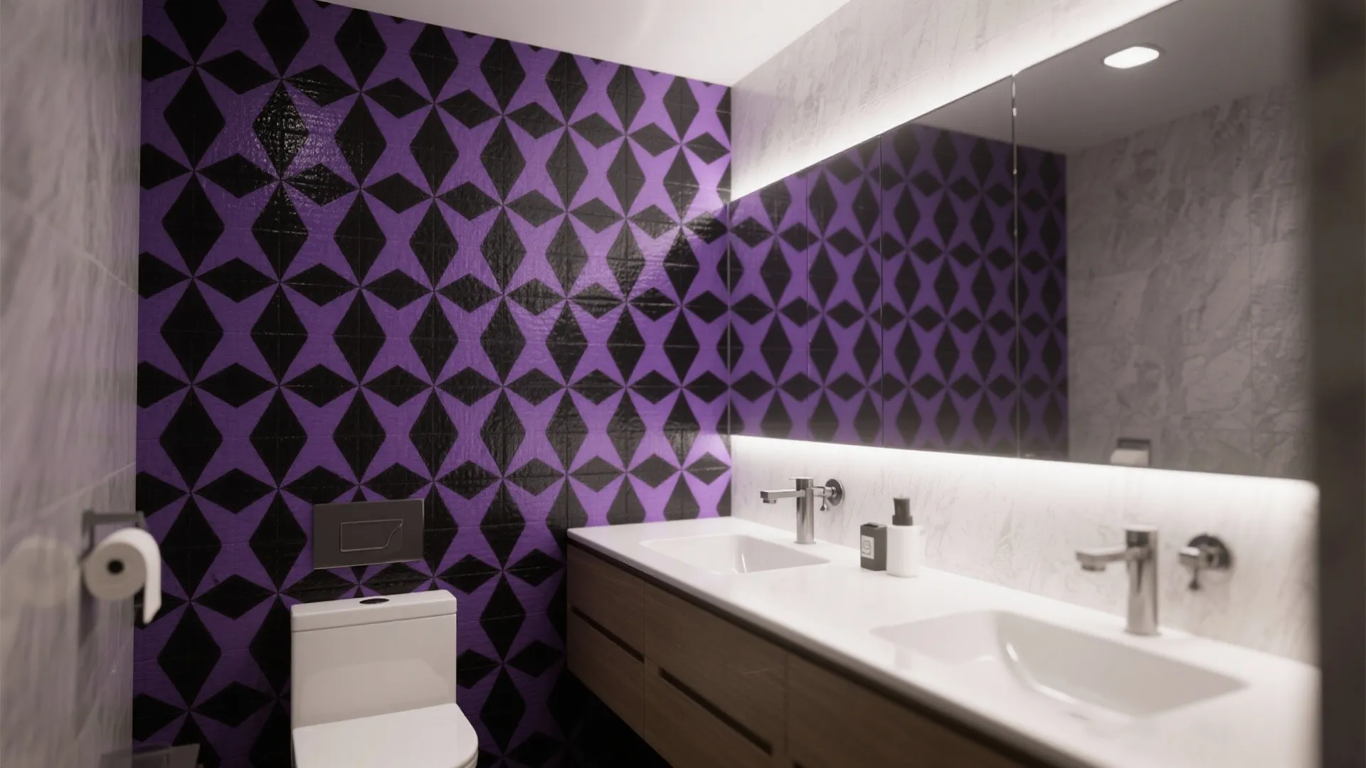 Modern bathroom with purple patterned wallpaper double sink vanity large mirror toilet and white walls