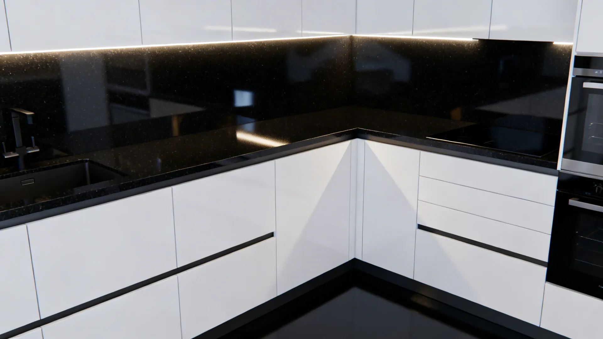 Black quartz countertop creating a modern dramatic contrast with white cabinets and subtle undercabinet lighting.
