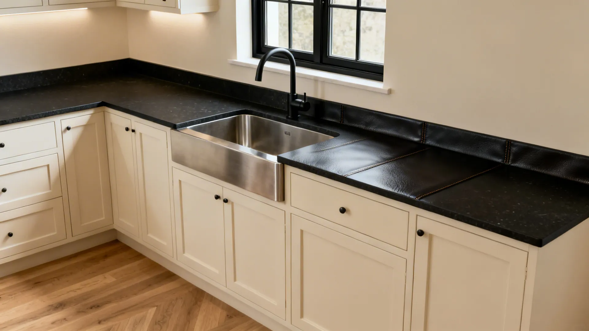 Honed black quartz countertop paired with cream shaker cabinetry in a bright kitchen.