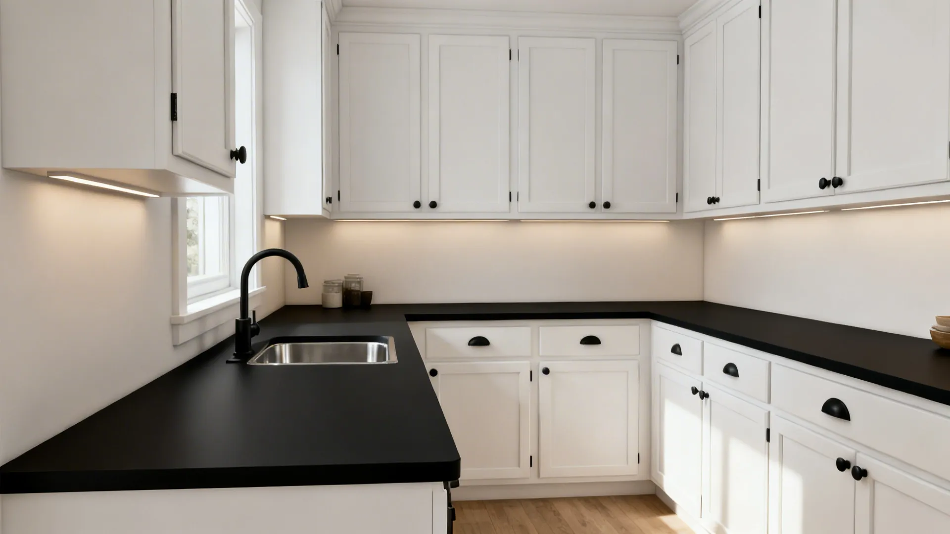 Narrow white galley kitchen with matte black quartz counters and warm lighting.