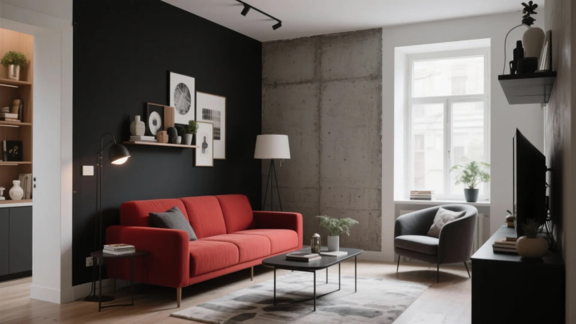 Modern living room featuring red sofa black wall concrete accent wall grey armchair and coffee table