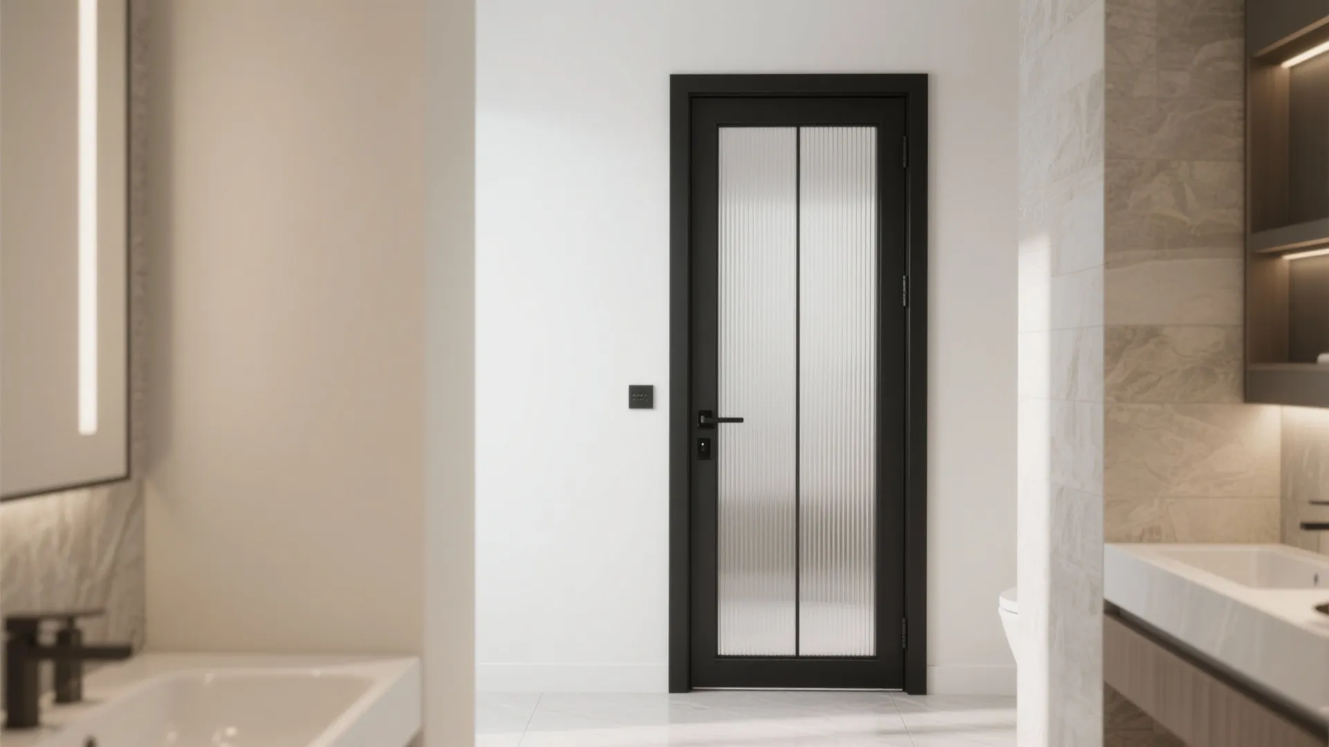 Modern bathroom featuring a black framed glass door with a textured surface and white walls