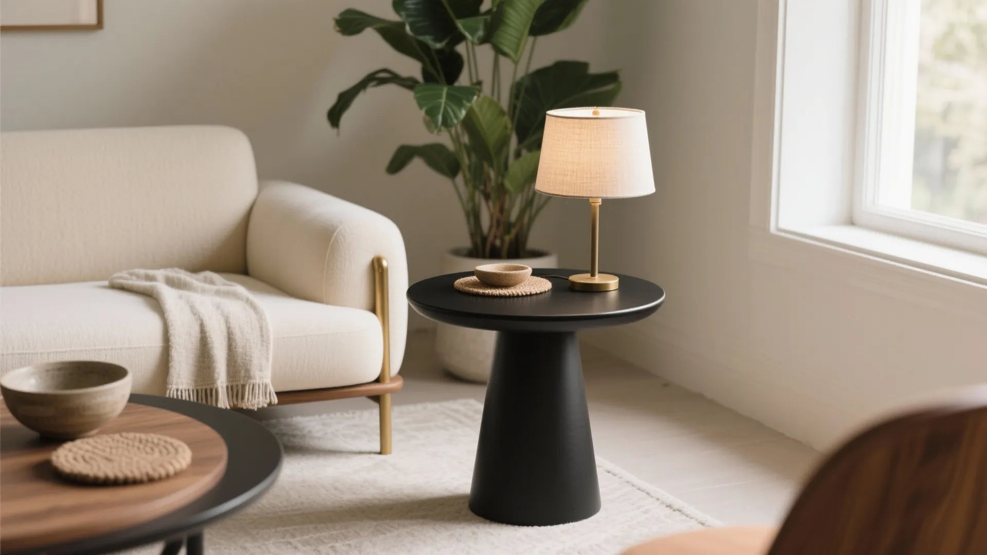 Modern black round side table with small lamp and bowl next to white cream sofa