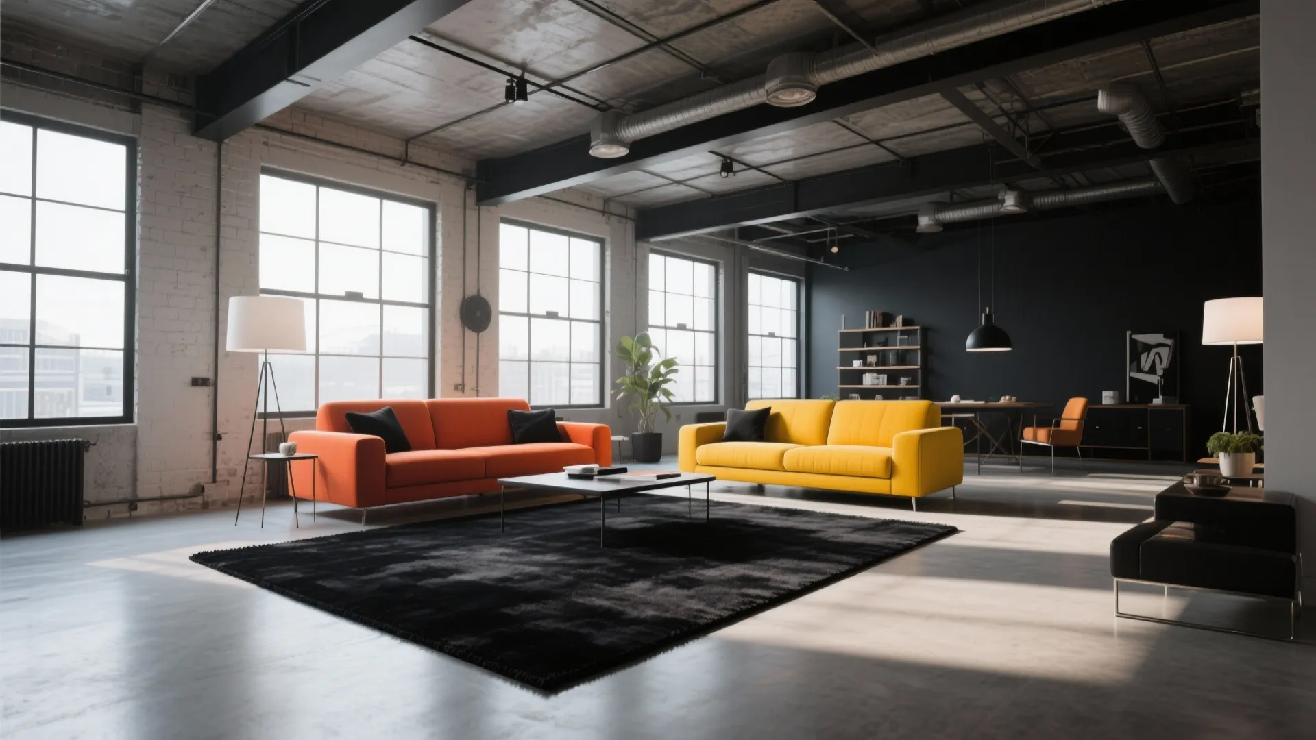 Industrial loft living room with black rug orange sofa yellow sofa large windows and lamp