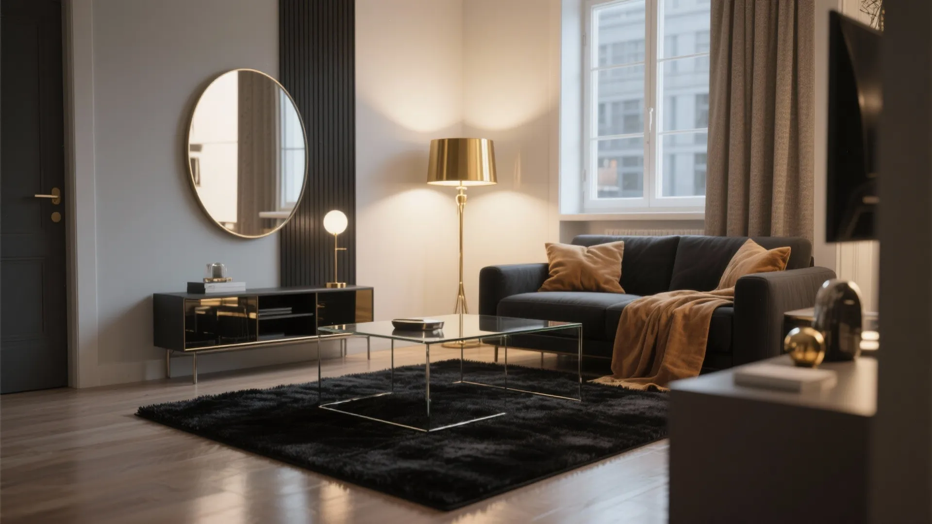 4. Offset a black rug with mirrors and metallic accents to avoid heaviness