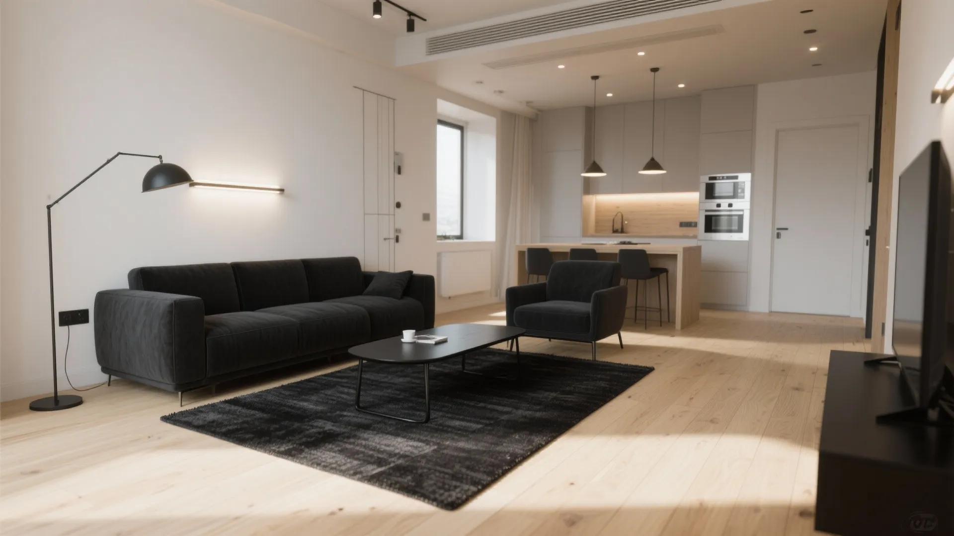 Open-plan micro living area anchored by a black low-pile rug beneath black seating and a slim coffee table.