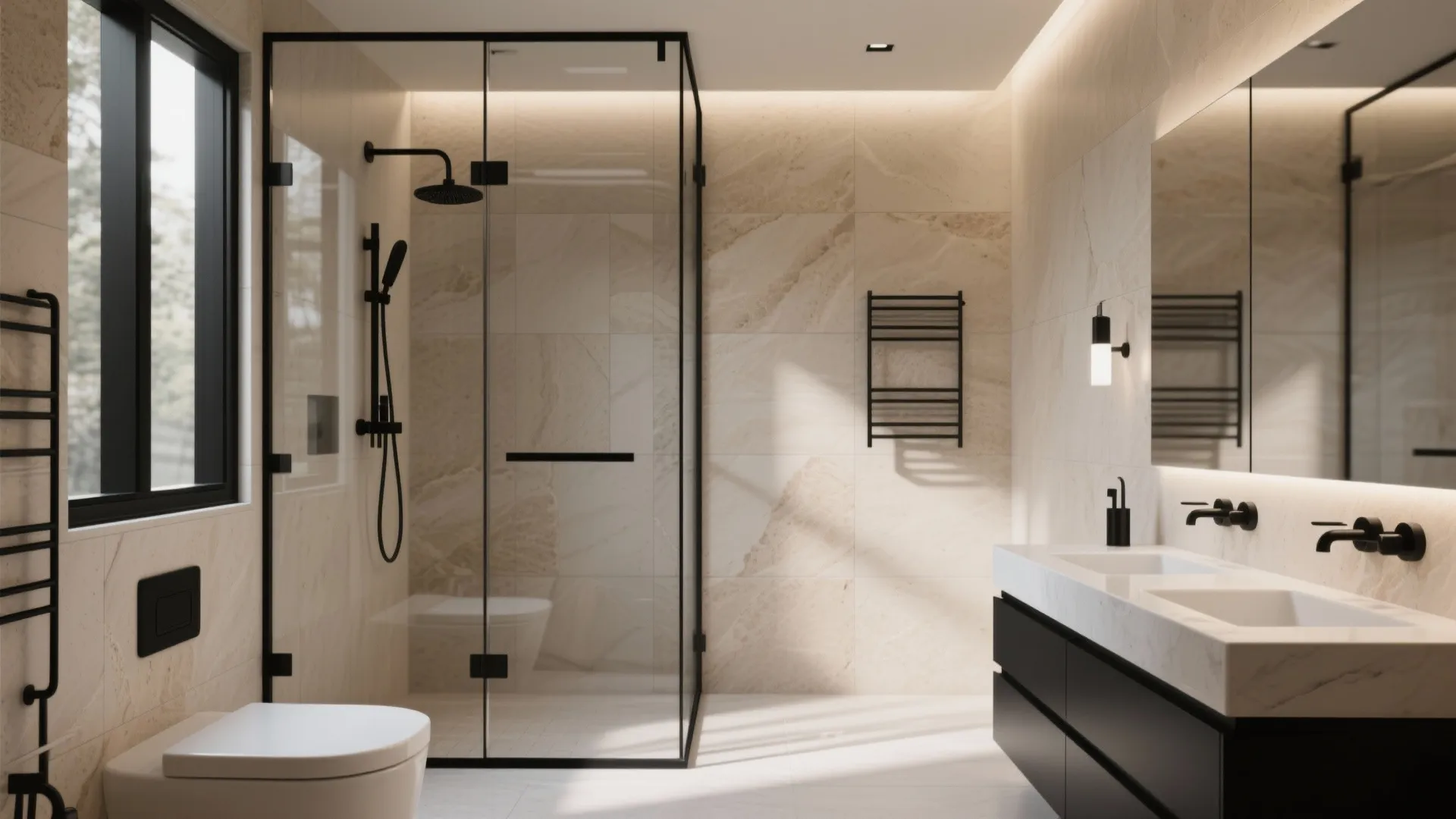 Black + Sand + Clear Glass (Refined, Bright Bathroom)