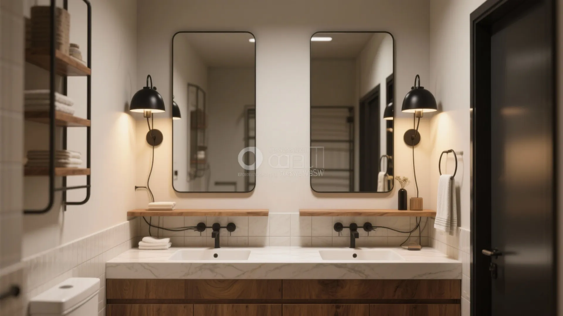 Bathroom vanity featuring double sinks with marble countertop two mirrors and black wall light fixtures