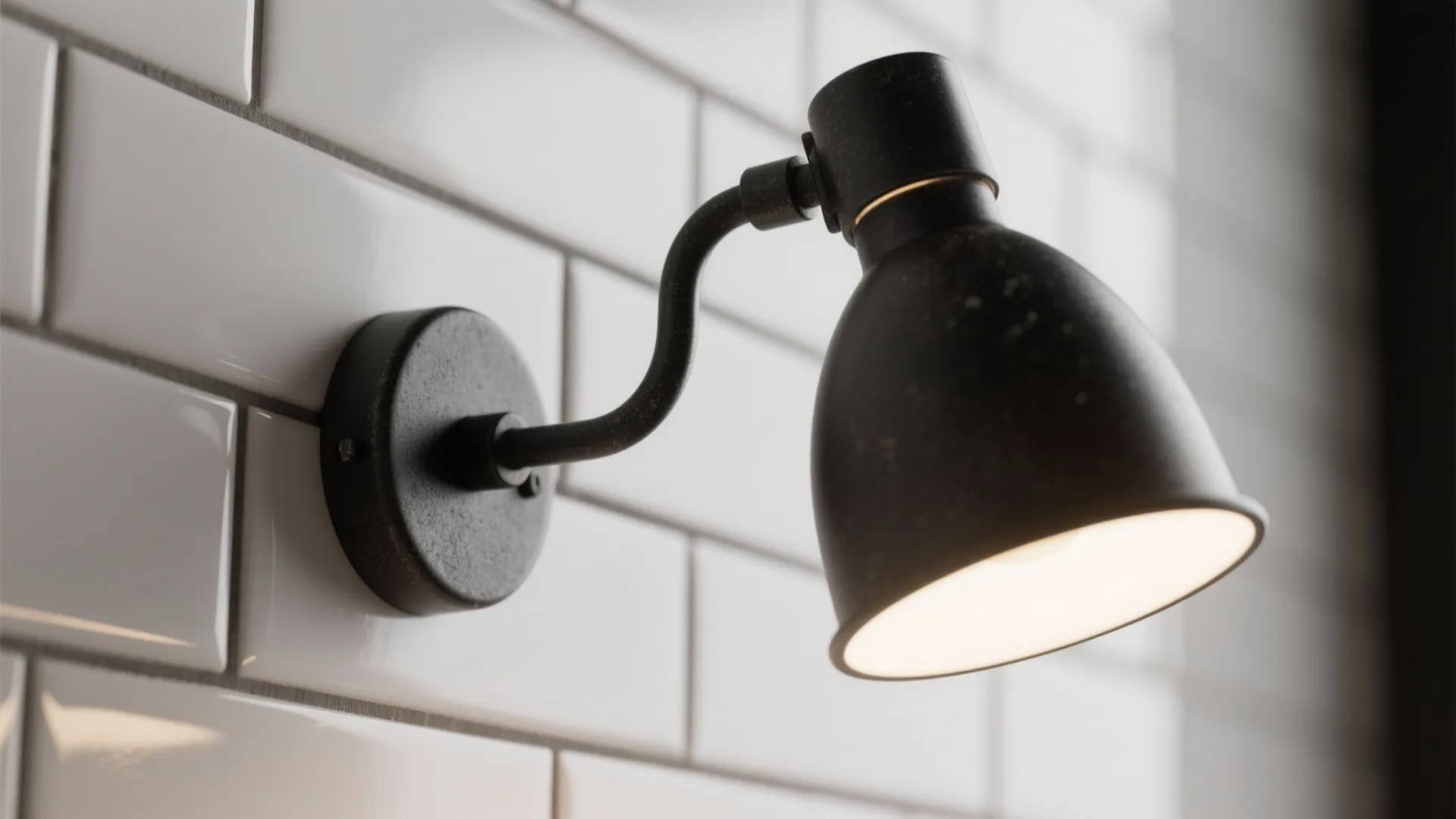 Close-up of a matte black sconce against glossy white subway tile showing texture and contrast.