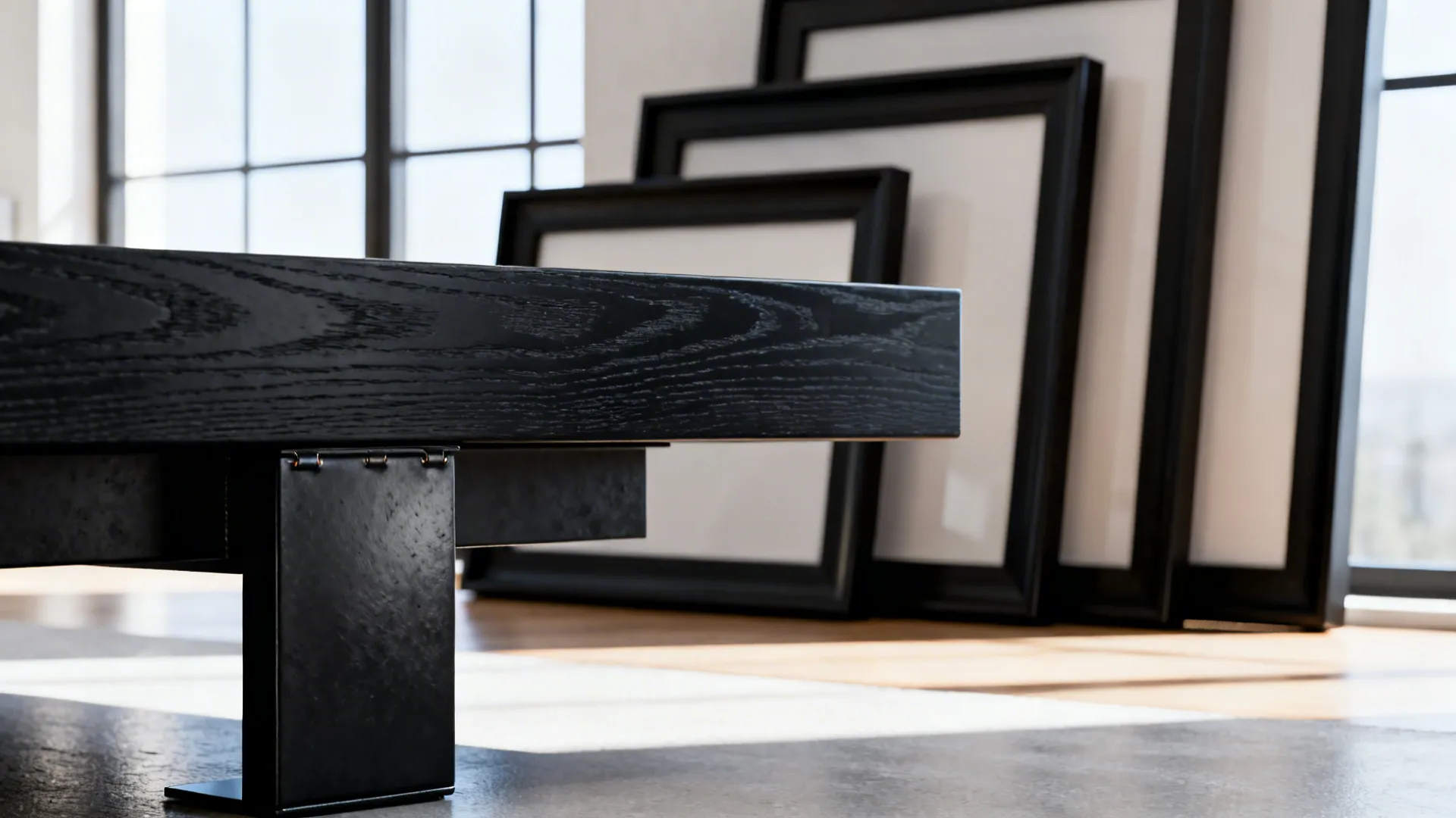 Close-up of matte black coffee table and black picture frames as sculptural accents