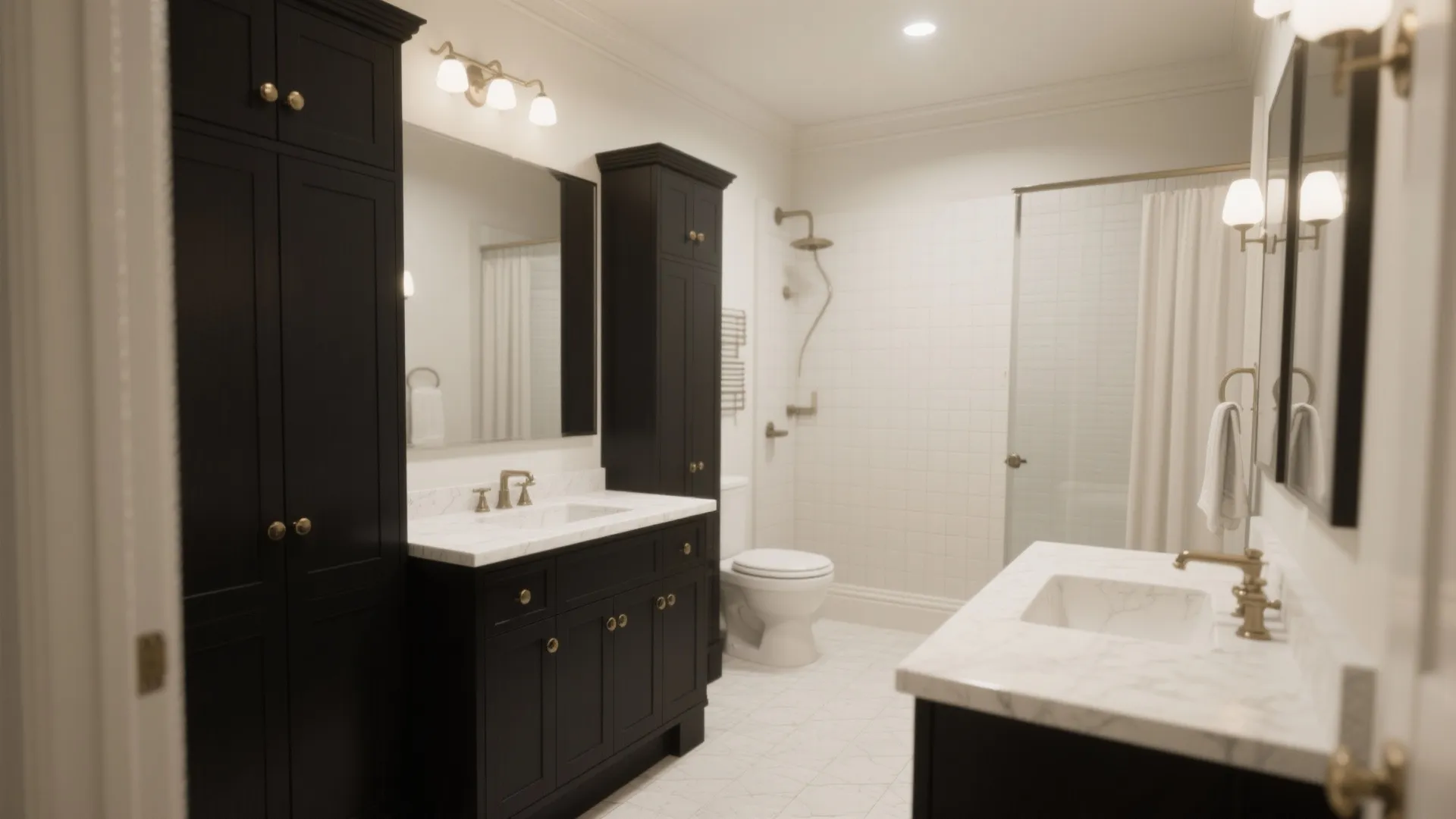 Black shaker bathroom cabinets with white countertop